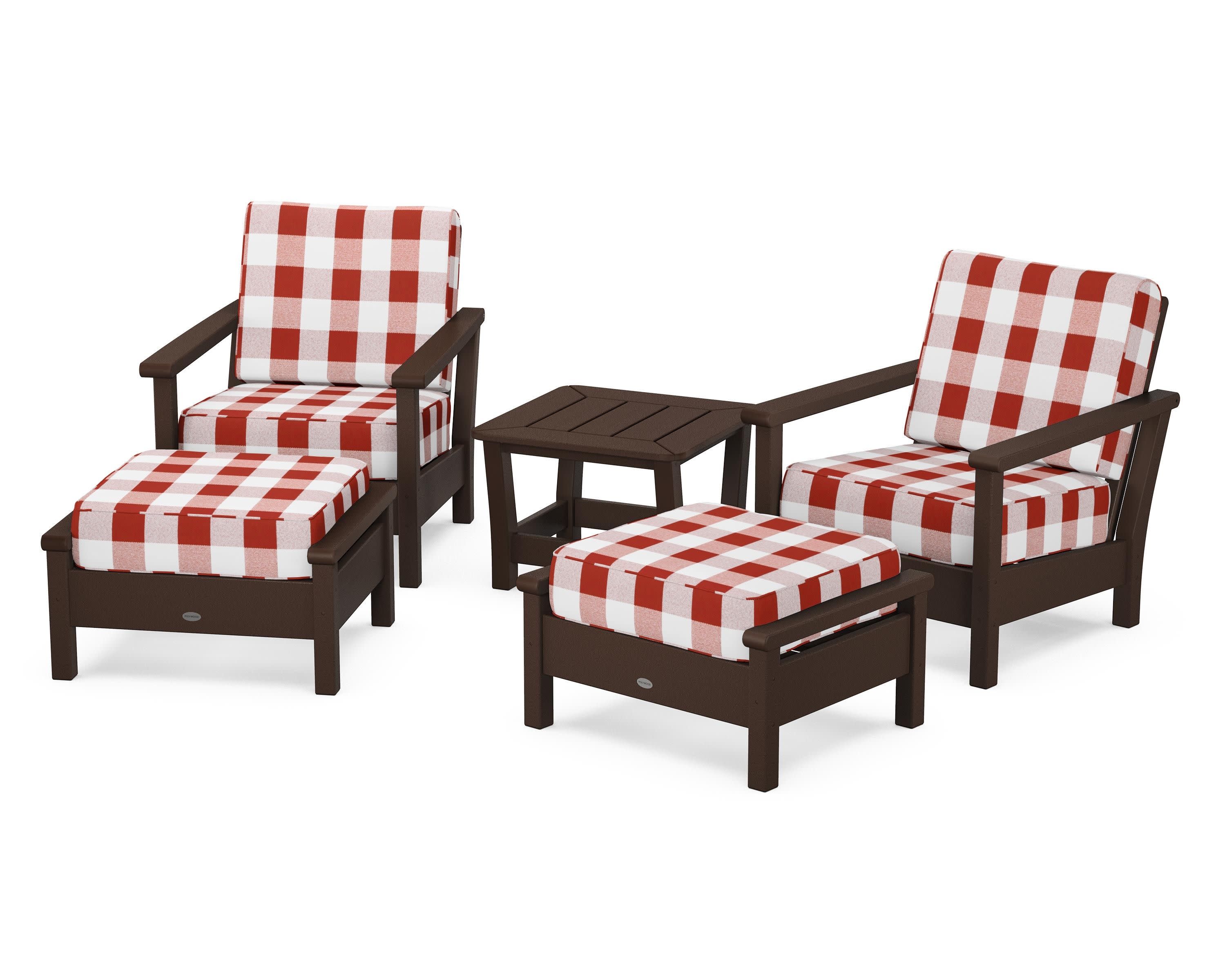 Harbour 5-Piece Deep Seating Chair Set in Mahogany / Buffalo Plaid Crimson