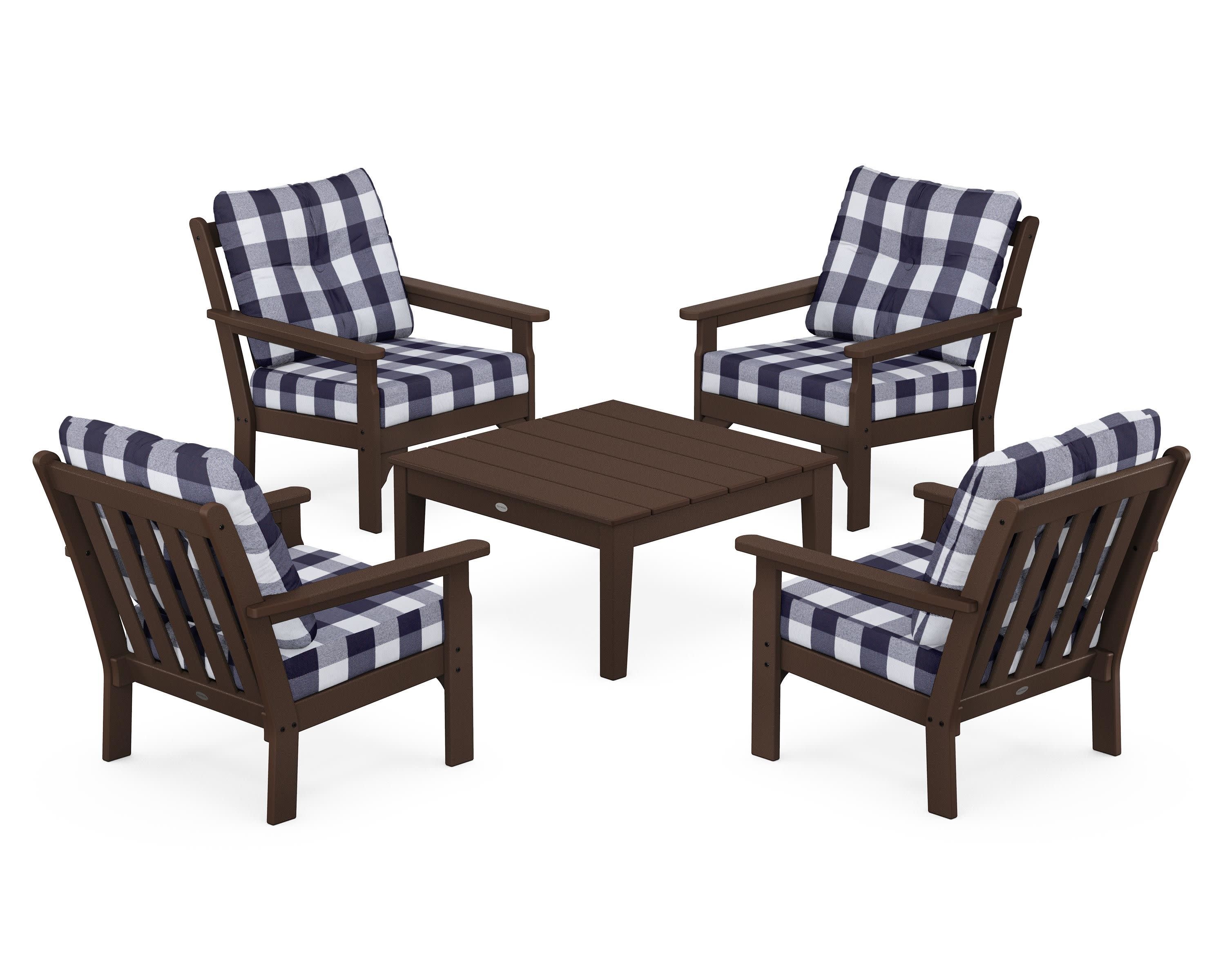 Vineyard 5-Piece Deep Seating Conversation Set in Mahogany / Buffalo Plaid Navy