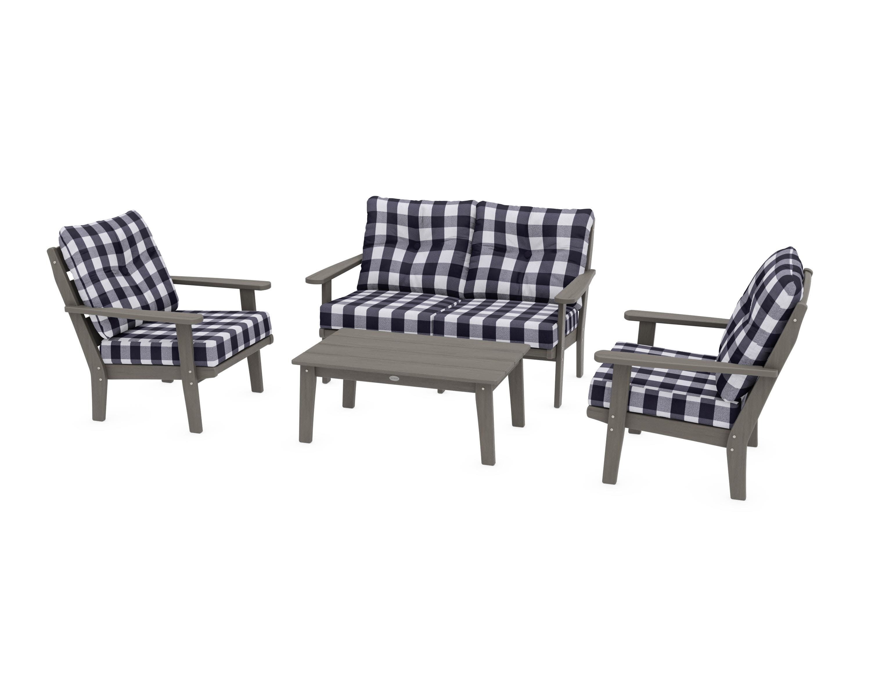 Lakeside 4-Piece Deep Seating Set in Driftwood / Buffalo Plaid Navy