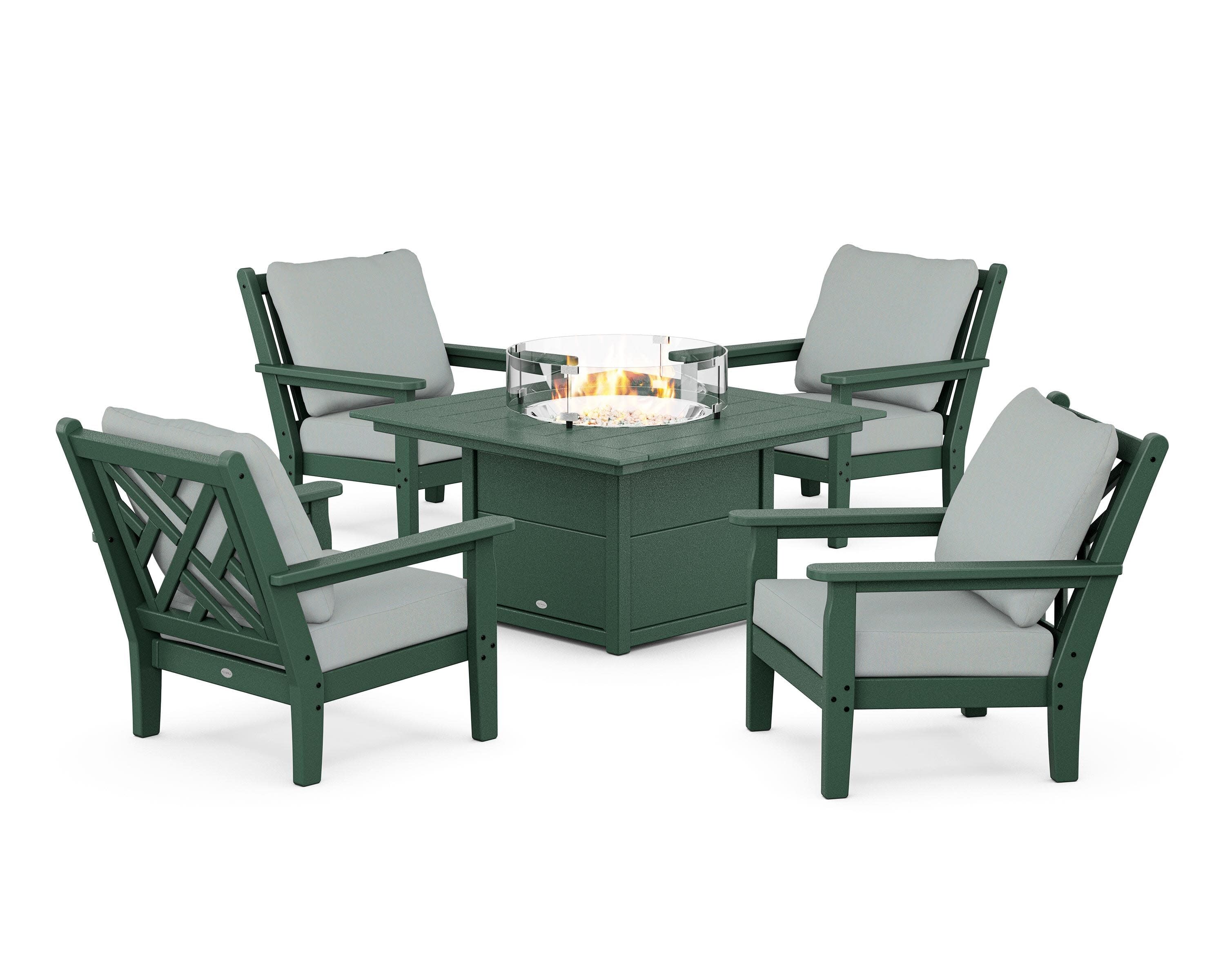 Chippendale 5-Piece Deep Seating Set with Fire Pit Table in Green / Spa