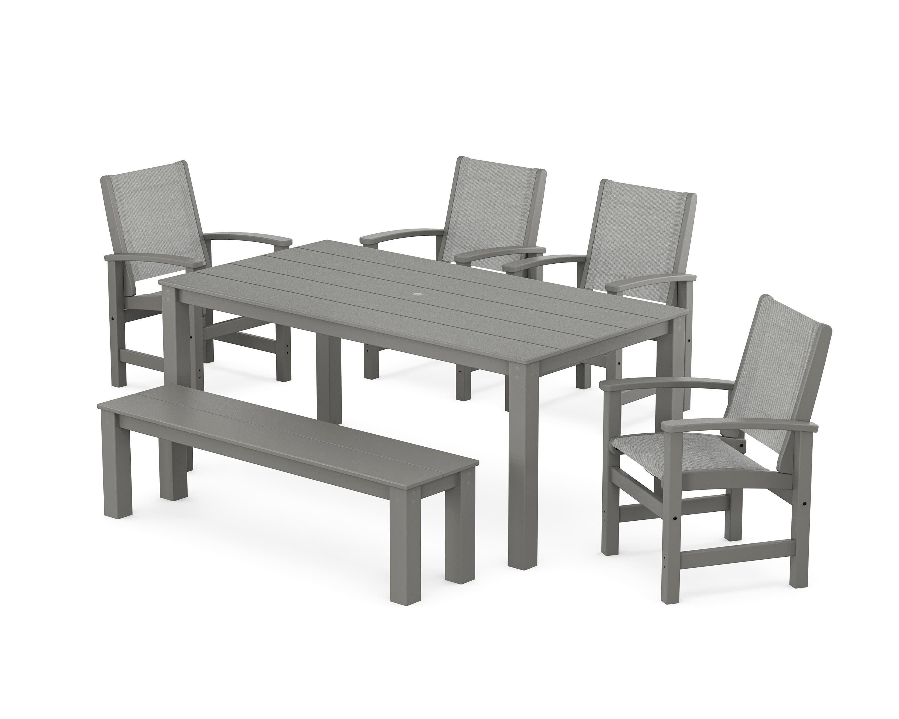 Coastal 6-Piece Parsons Dining Set with Bench in Slate Grey / Metallic Sling