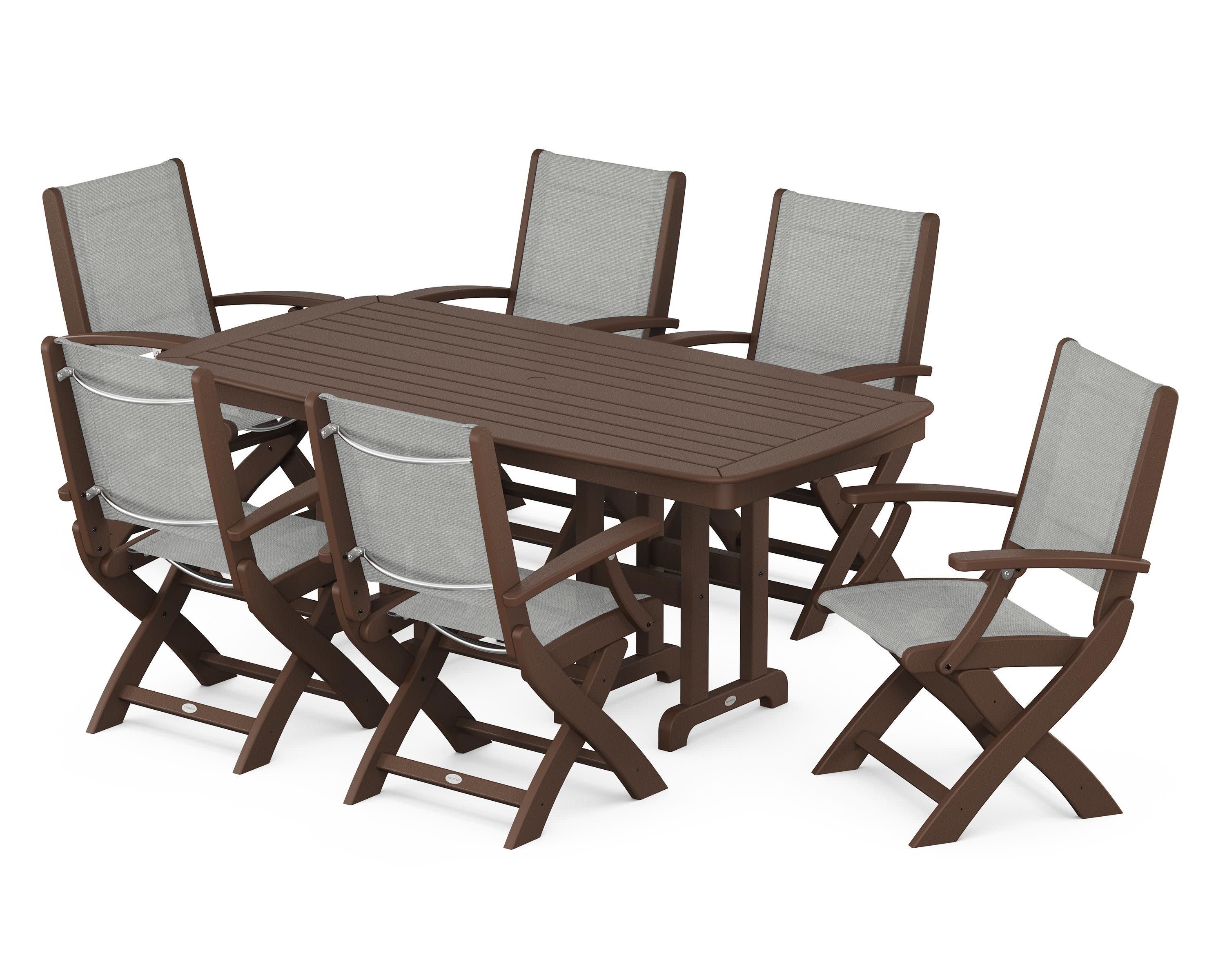 Coastal Folding Arm Chair 7-Piece Dining Set in Mahogany / Metallic Sling