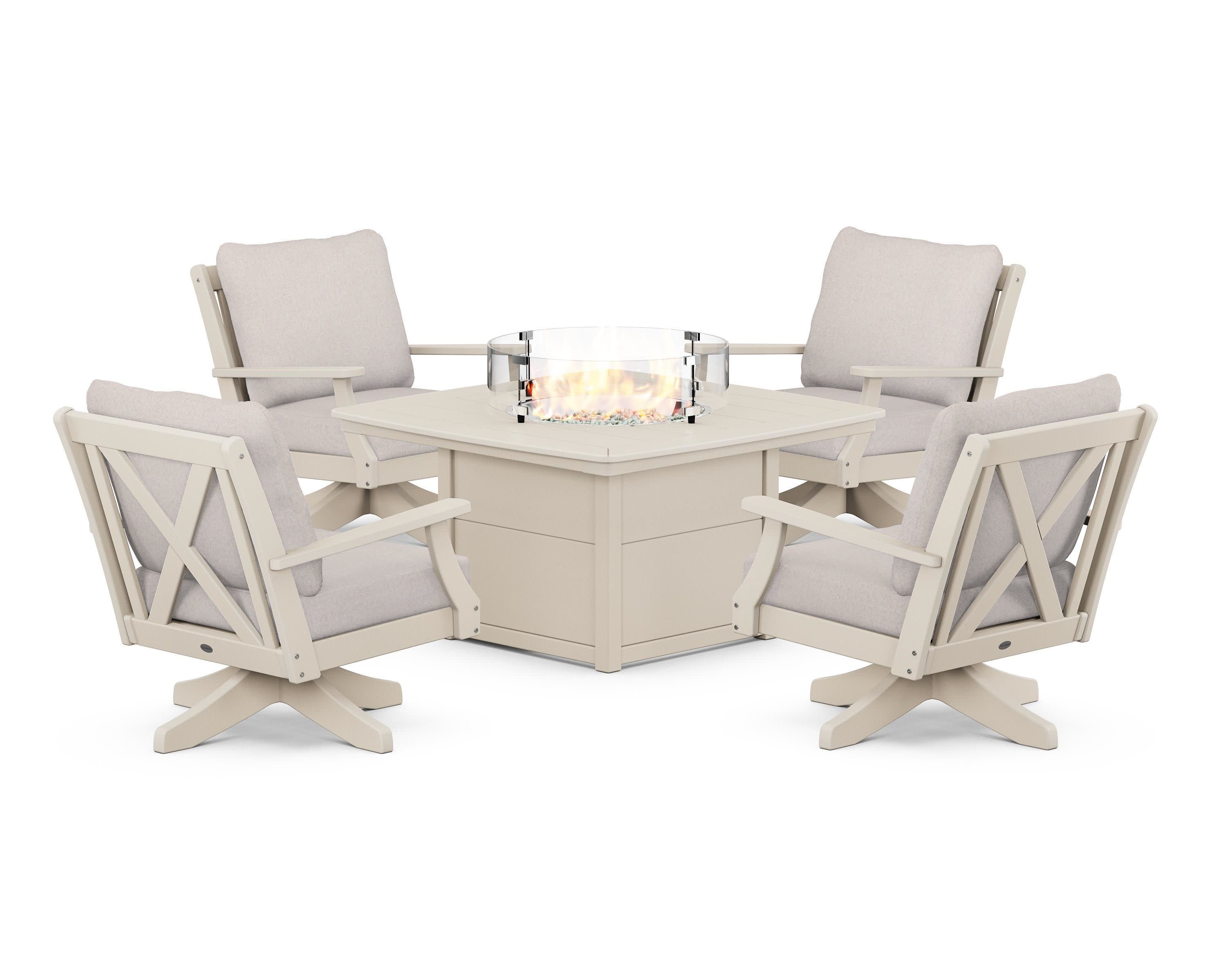 Braxton 5-Piece Deep Seating Swivel Conversation Set with Fire Pit Table in Sand / Dune Burlap