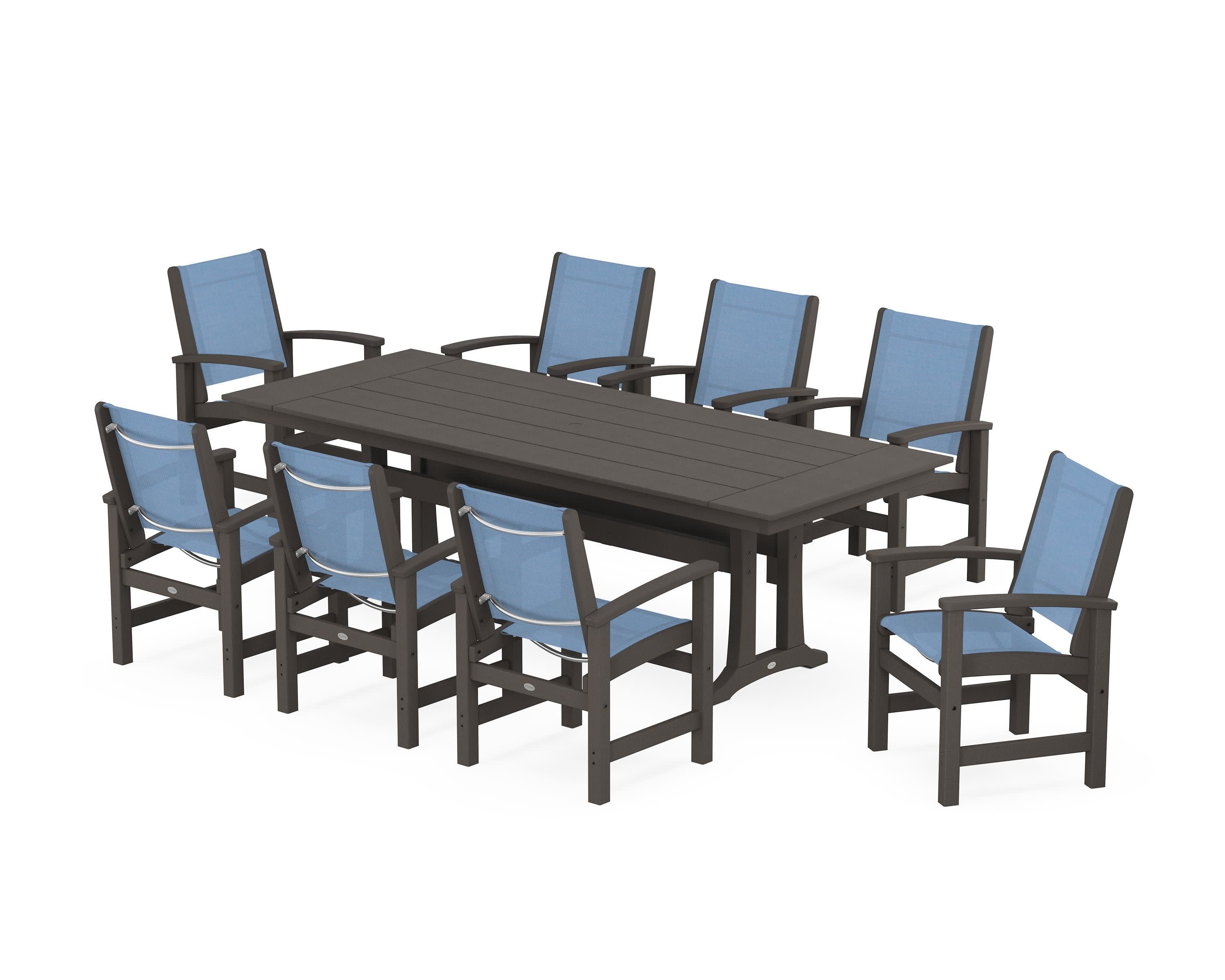 Coastal 9-Piece Farmhouse Dining Set with Trestle Legs in Vintage Coffee / Poolside Sling