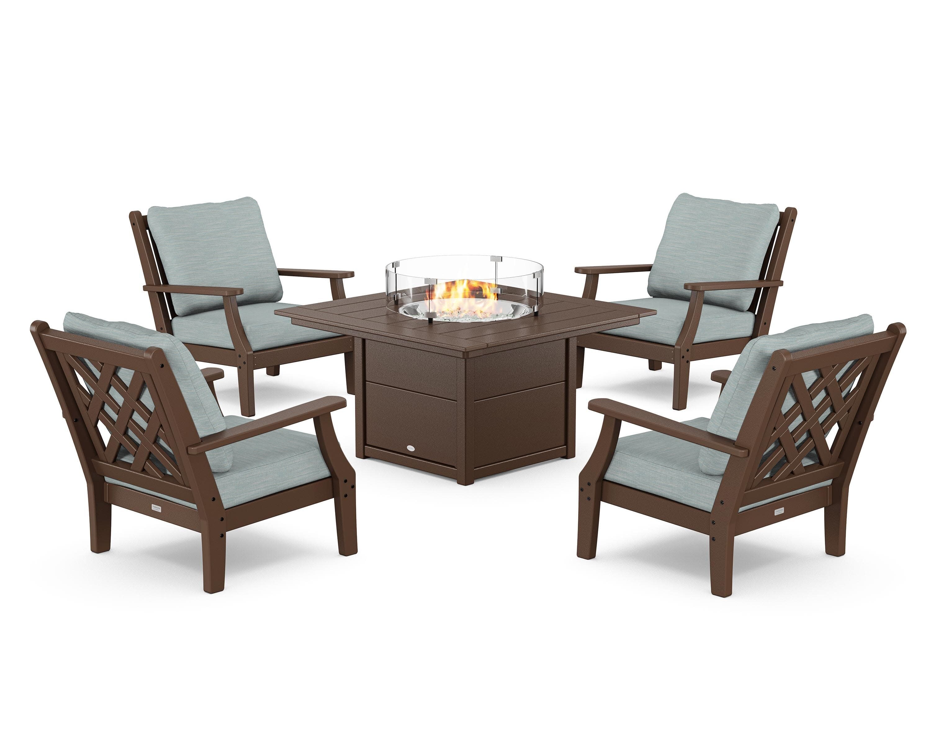 Wovendale 5-Piece Deep Seating Set with Fire Pit Table in Mahogany / Soothe Mist