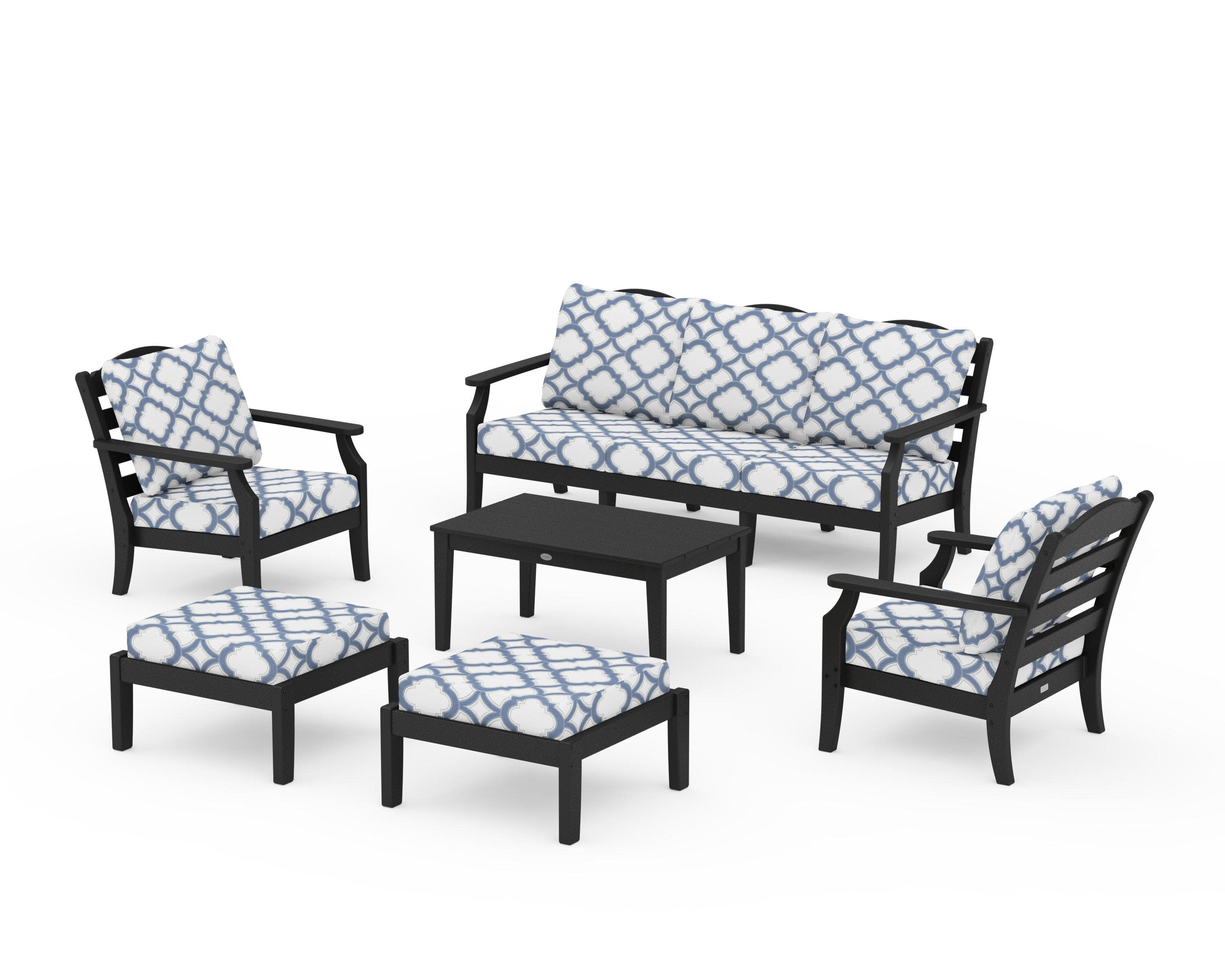 Savannah 6-Piece Lounge Sofa Set in Black / Trellis Sky Blue