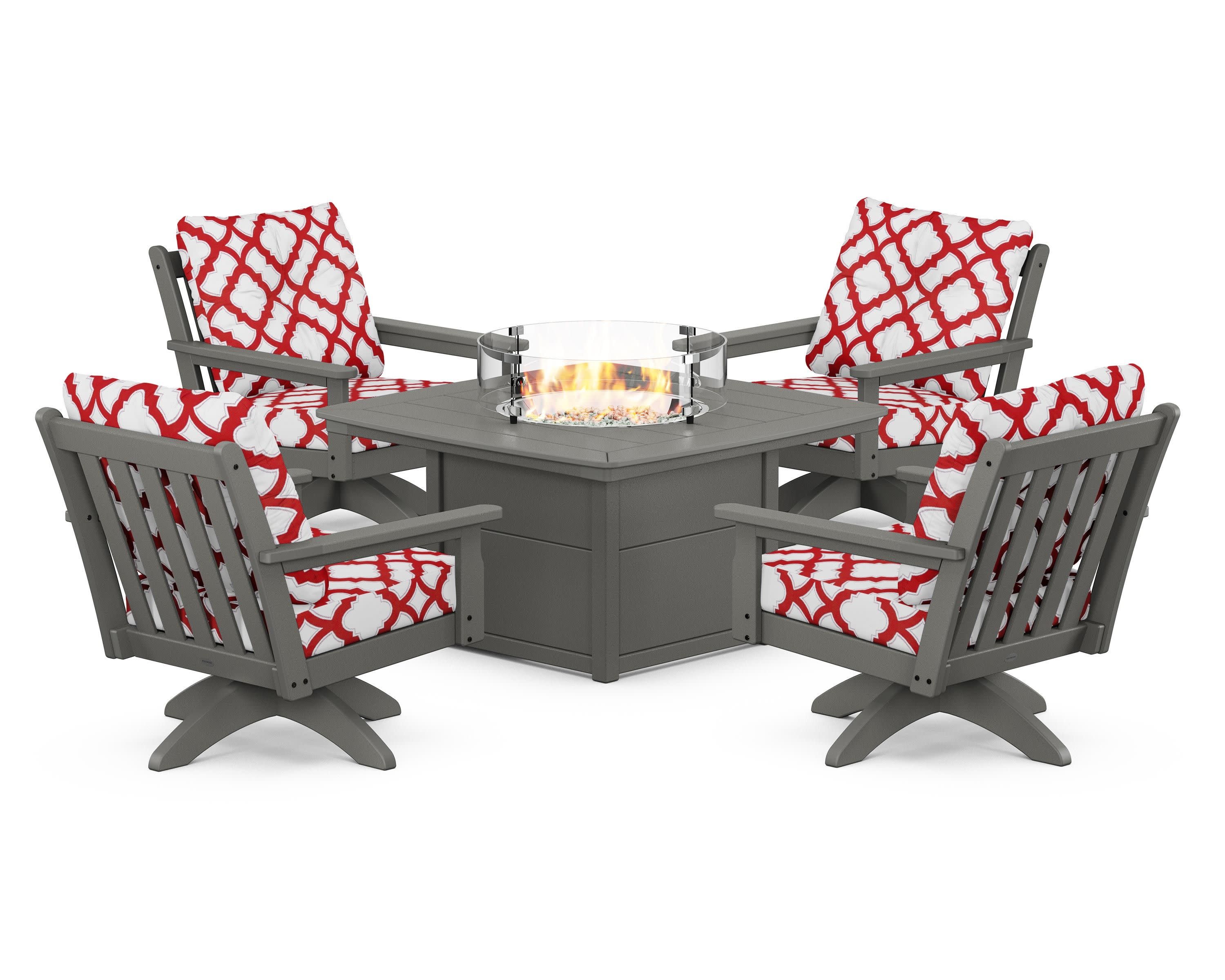 Vineyard 5-Piece Deep Seating Swivel Conversation Set with Fire Pit Table in Slate Grey / Trellis Crimson
