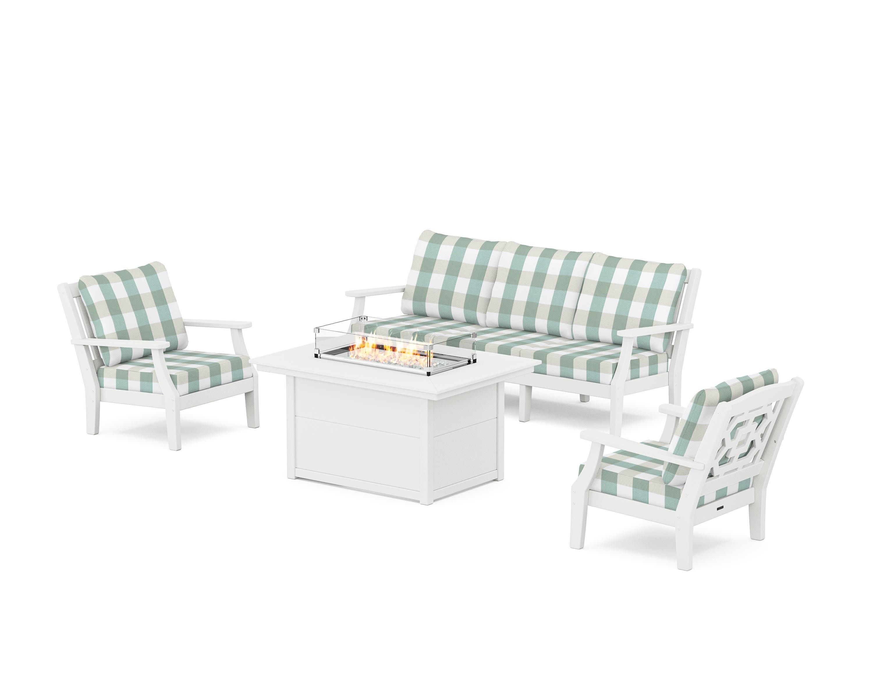 Chinoiserie Deep Seating Fire Pit Table Set in White / Buffalo Plaid Glacier Spa