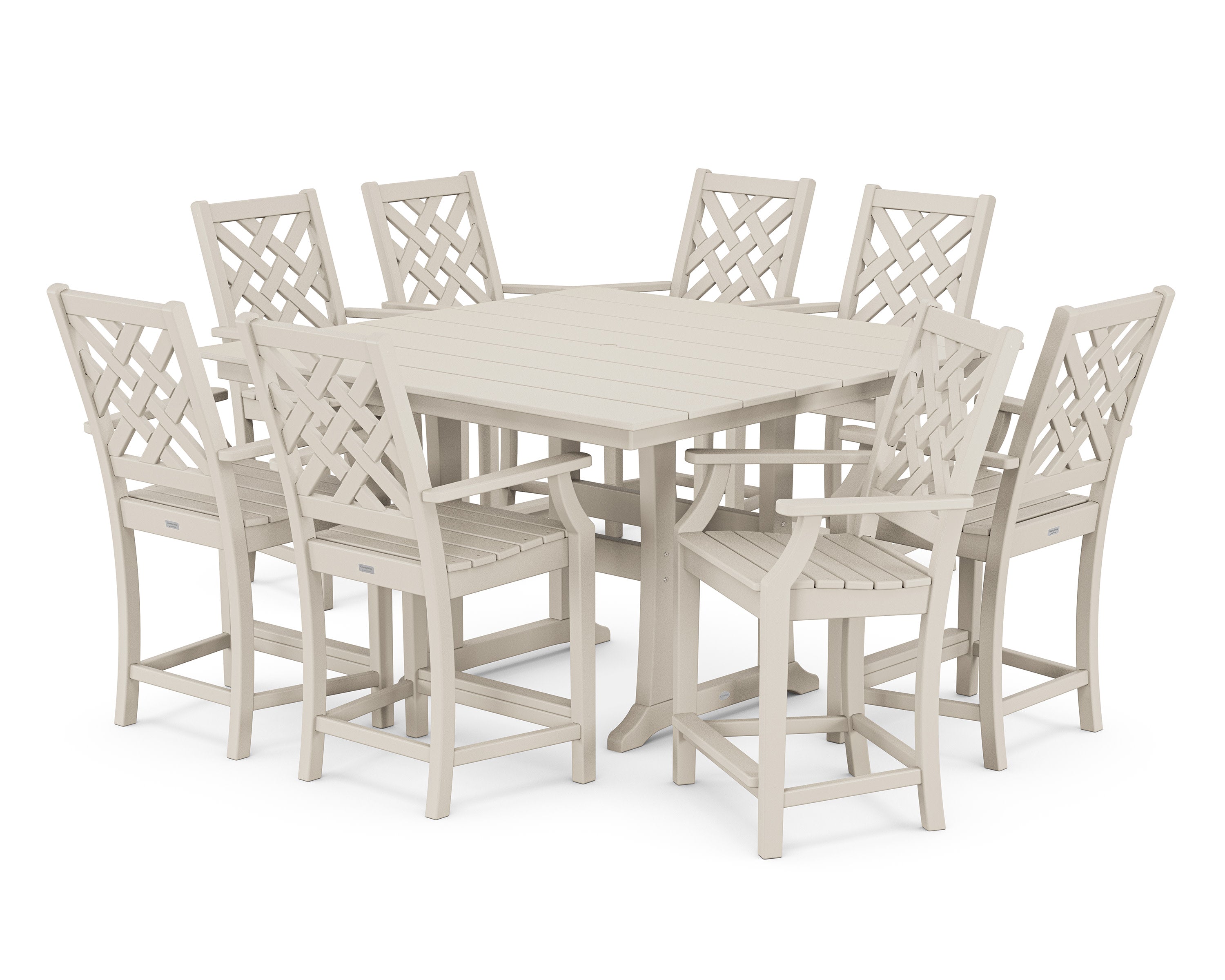 Wovendale 9-Piece Square Farmhouse Counter Set with Trestle Legs in Sand