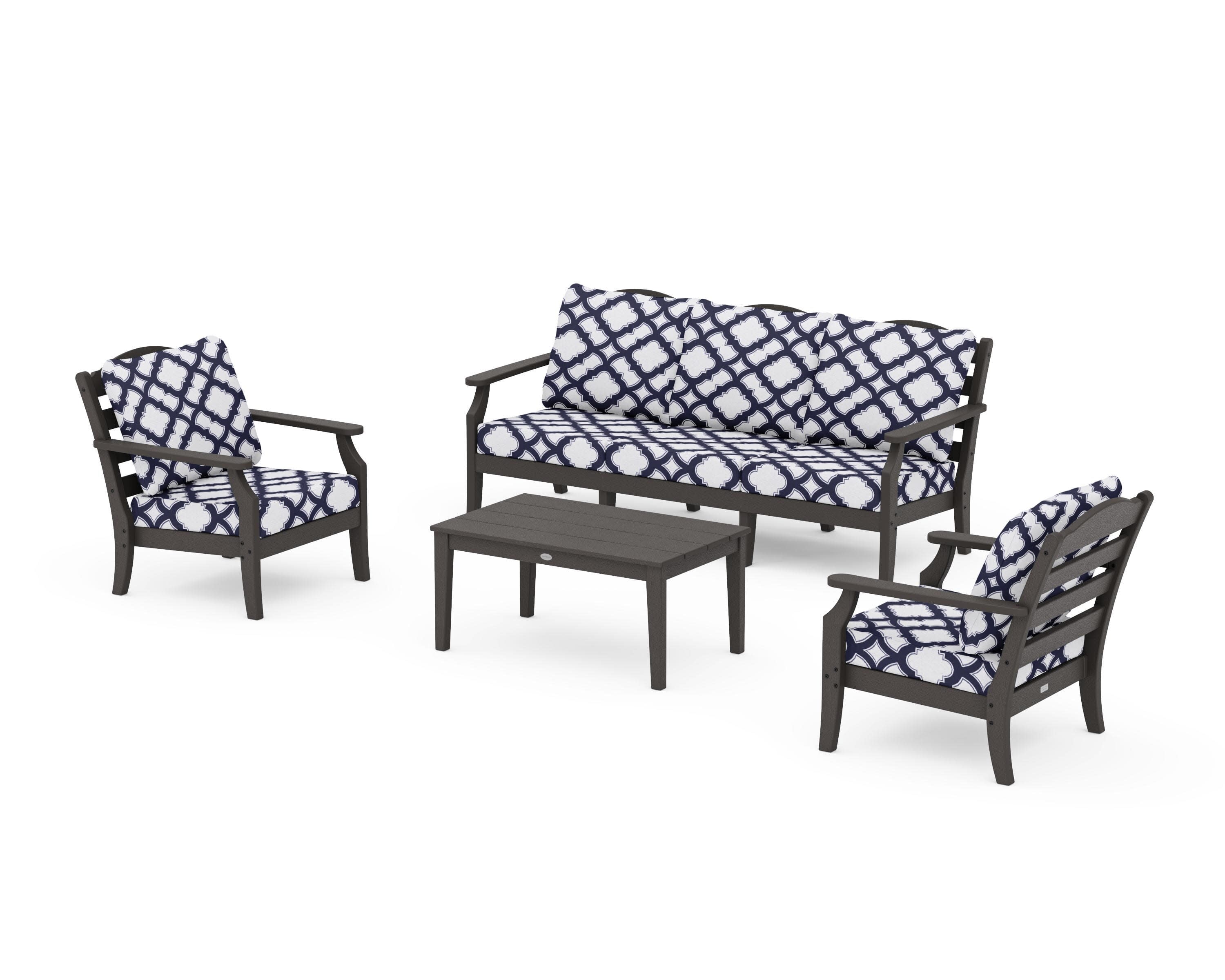 Savannah 4-Piece Deep Seating Set with Sofa in Vintage Coffee / Trellis Navy