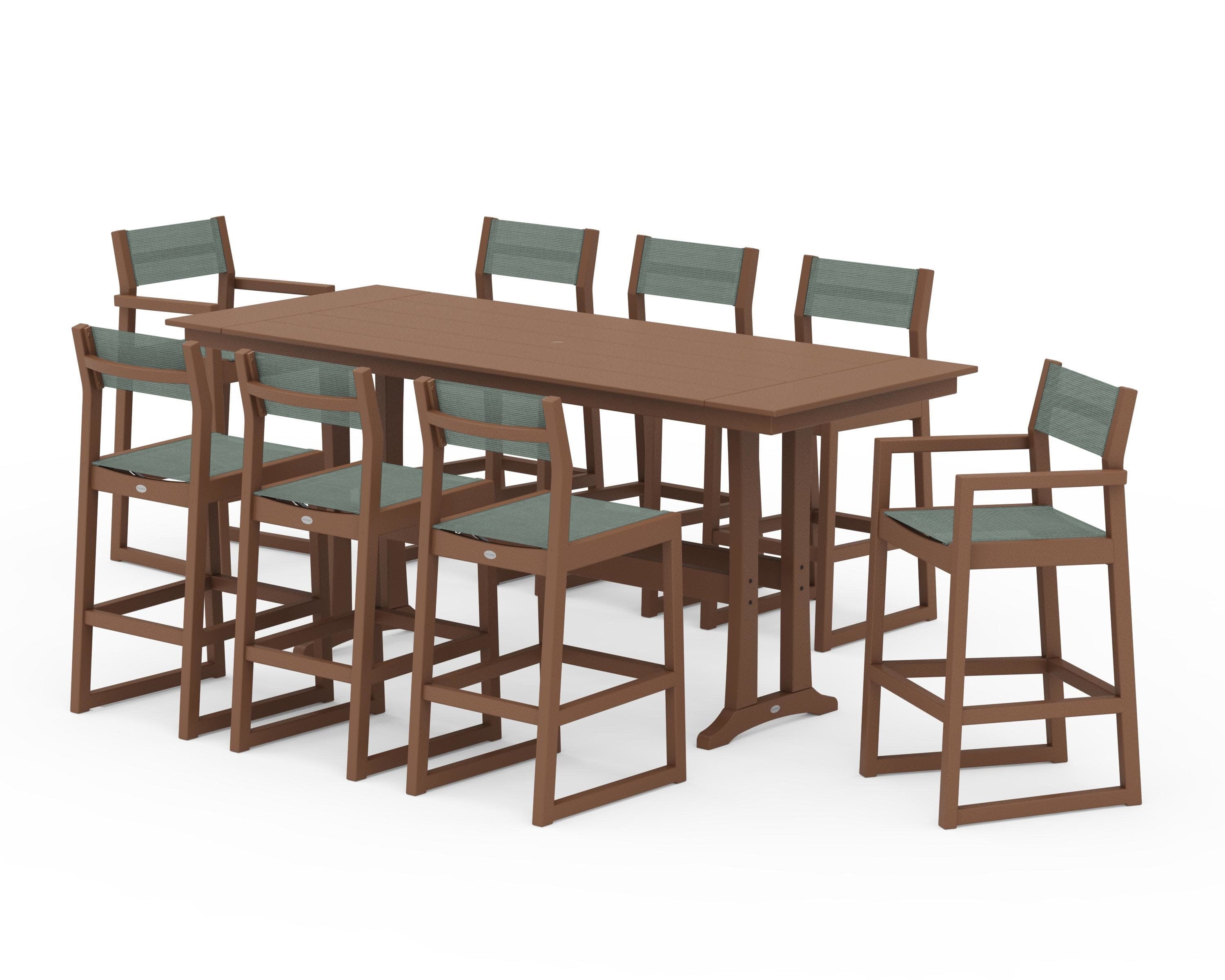 EDGE Sling 9-Piece Farmhouse Bar Set with Trestle Legs in Teak / Dupioni Sea Mist Sling
