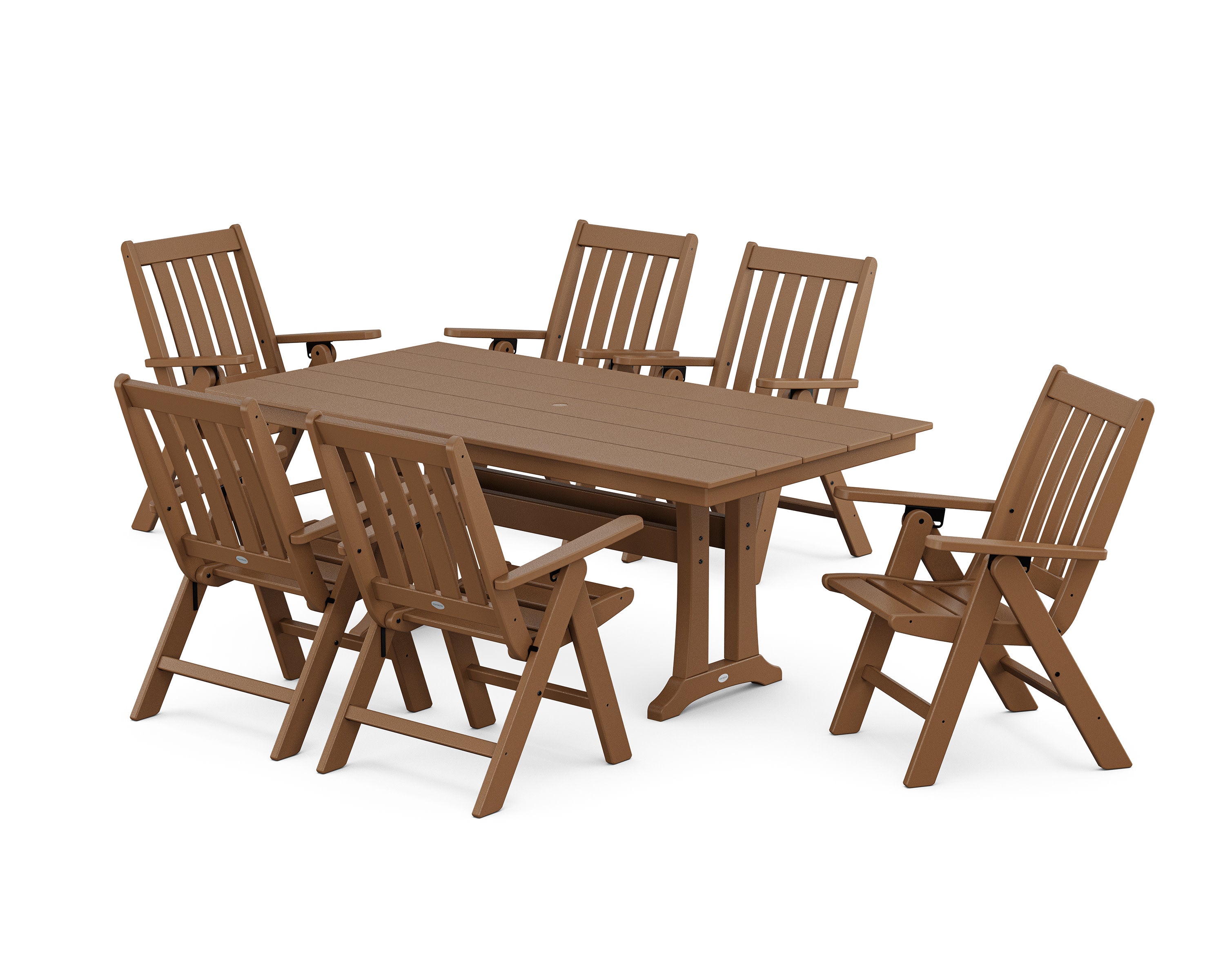 Vineyard Folding Chair 7-Piece Farmhouse Dining Set with Trestle Legs in Teak