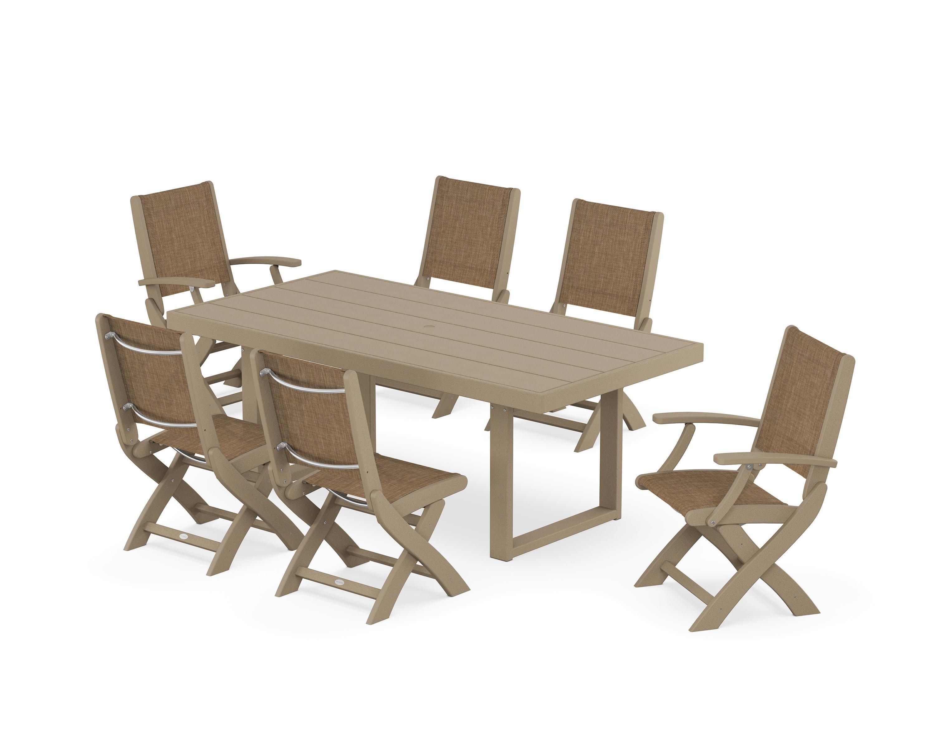 Coastal Folding Chair 7-Piece Dining Set with Trestle Legs in Vintage Sahara / Burlap Sling