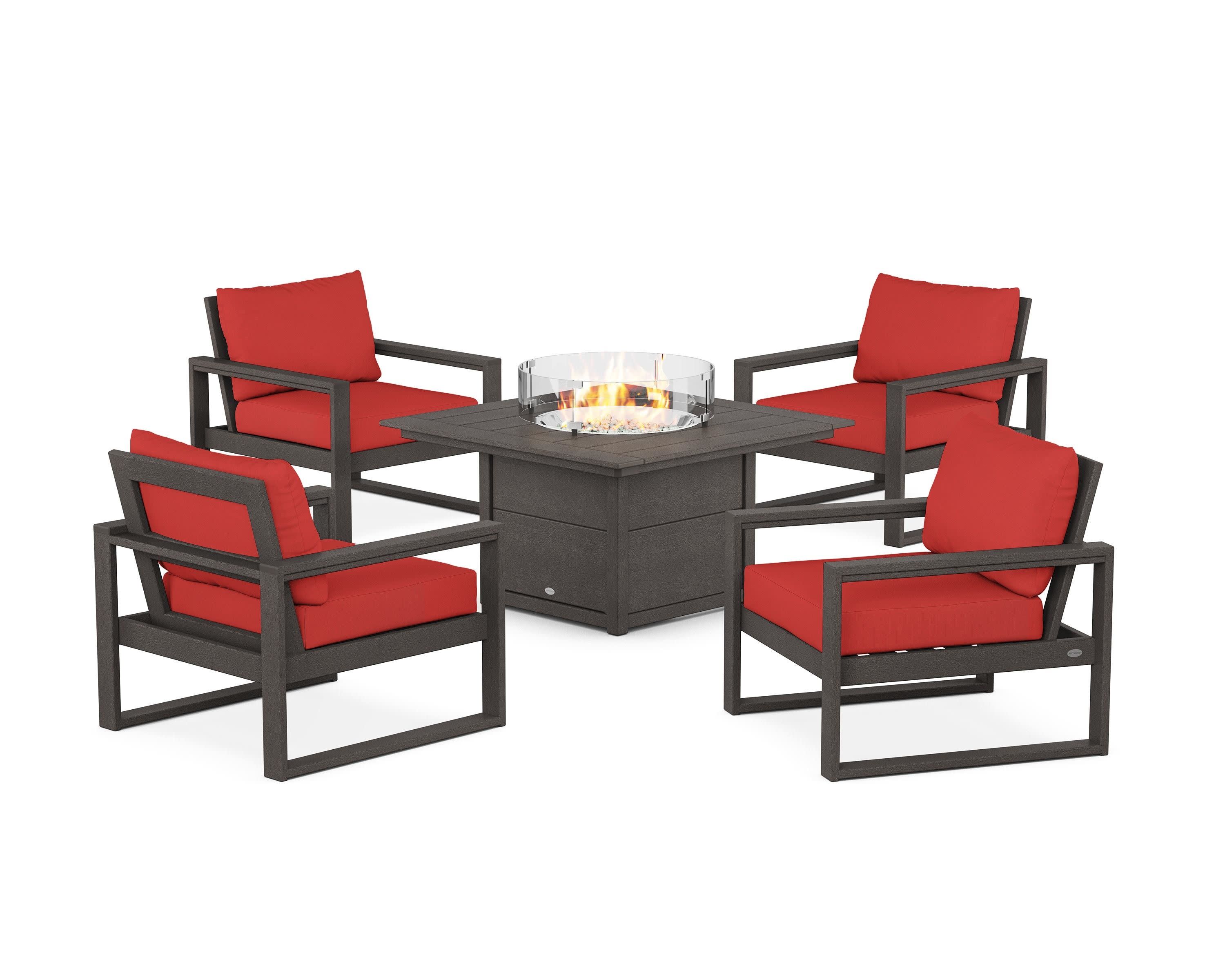 EDGE Sectional 5-Piece Deep Seating Set with Fire Pit Table in Vintage Coffee / Crimson Linen