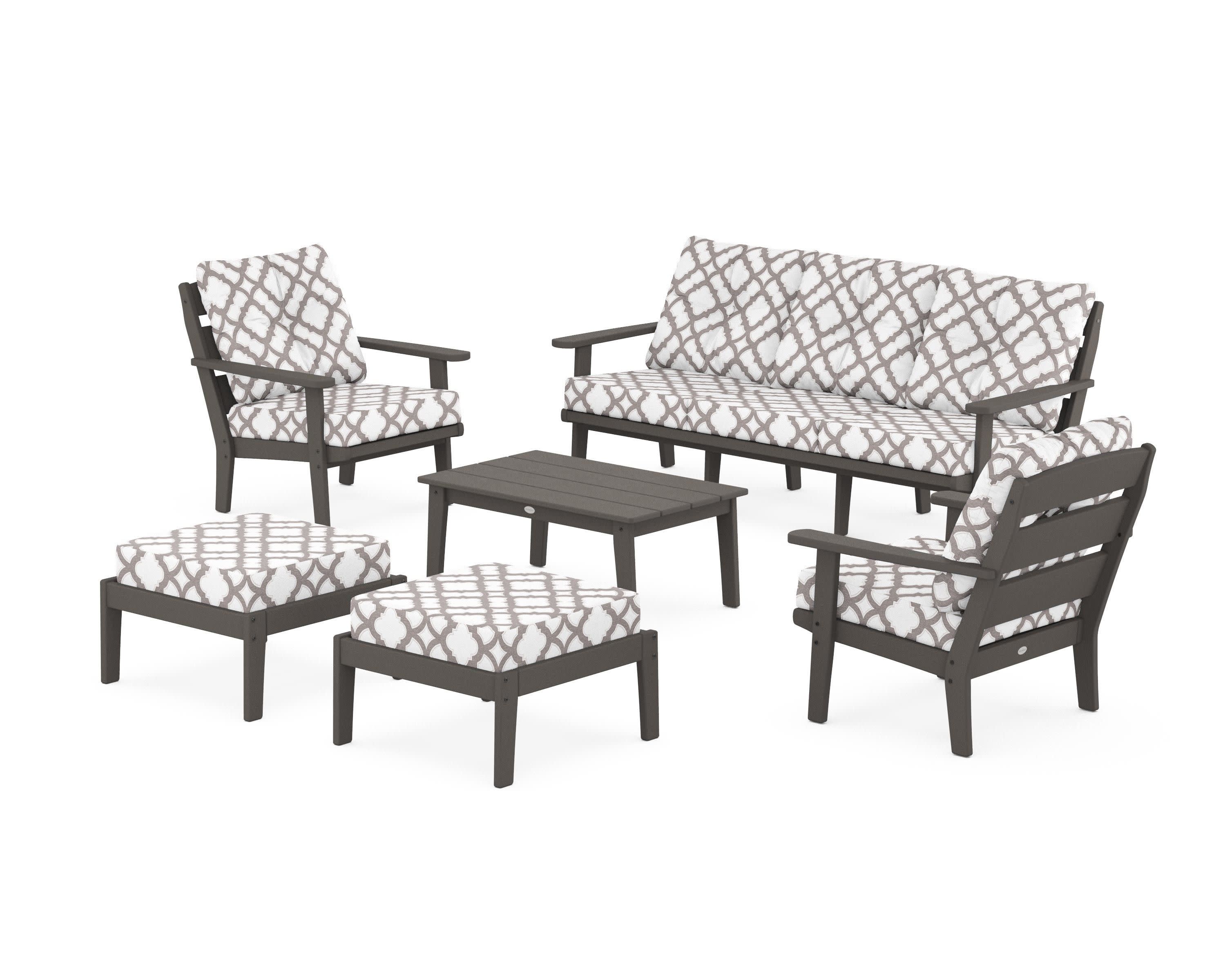 Lakeside 6-Piece Lounge Sofa Set in Vintage Coffee / Trellis Grey Mist