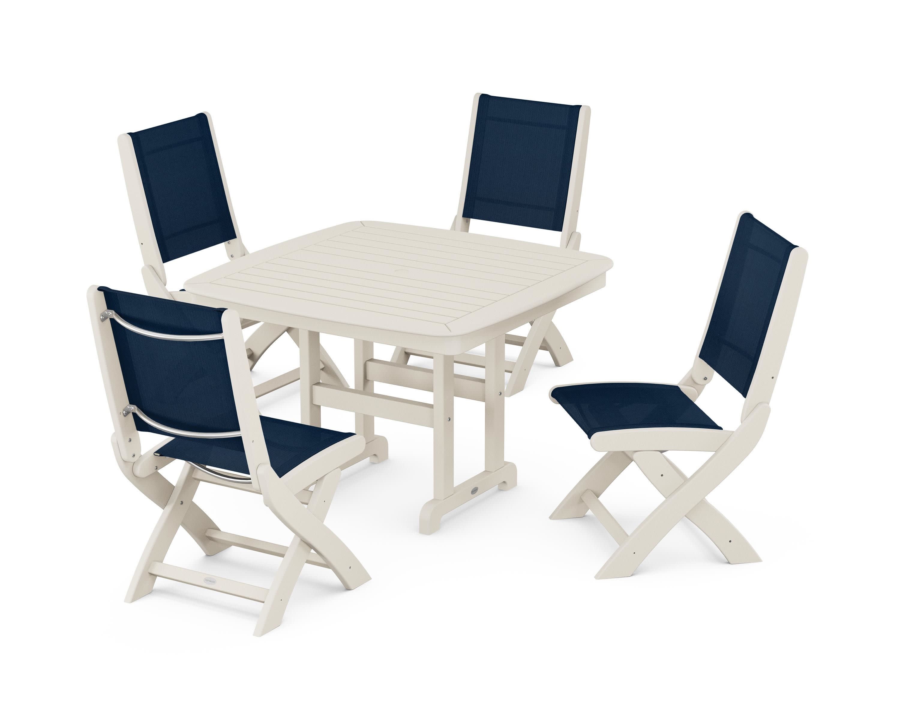 Coastal Folding Side Chair 5-Piece Dining Set in Sand / Navy Blue Sling