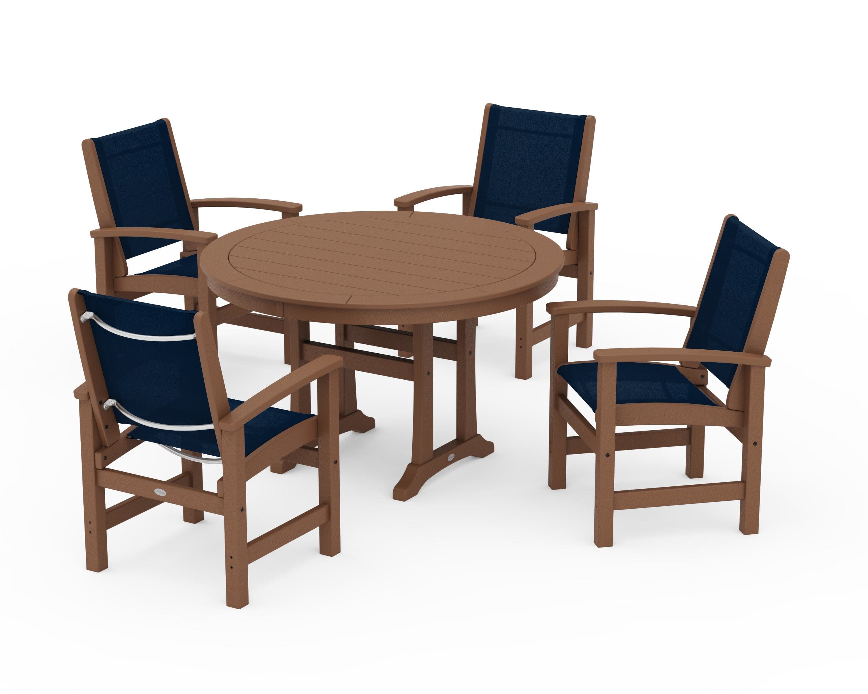 Coastal 5-Piece Round Dining Set with Trestle Legs in Teak / Navy Blue Sling
