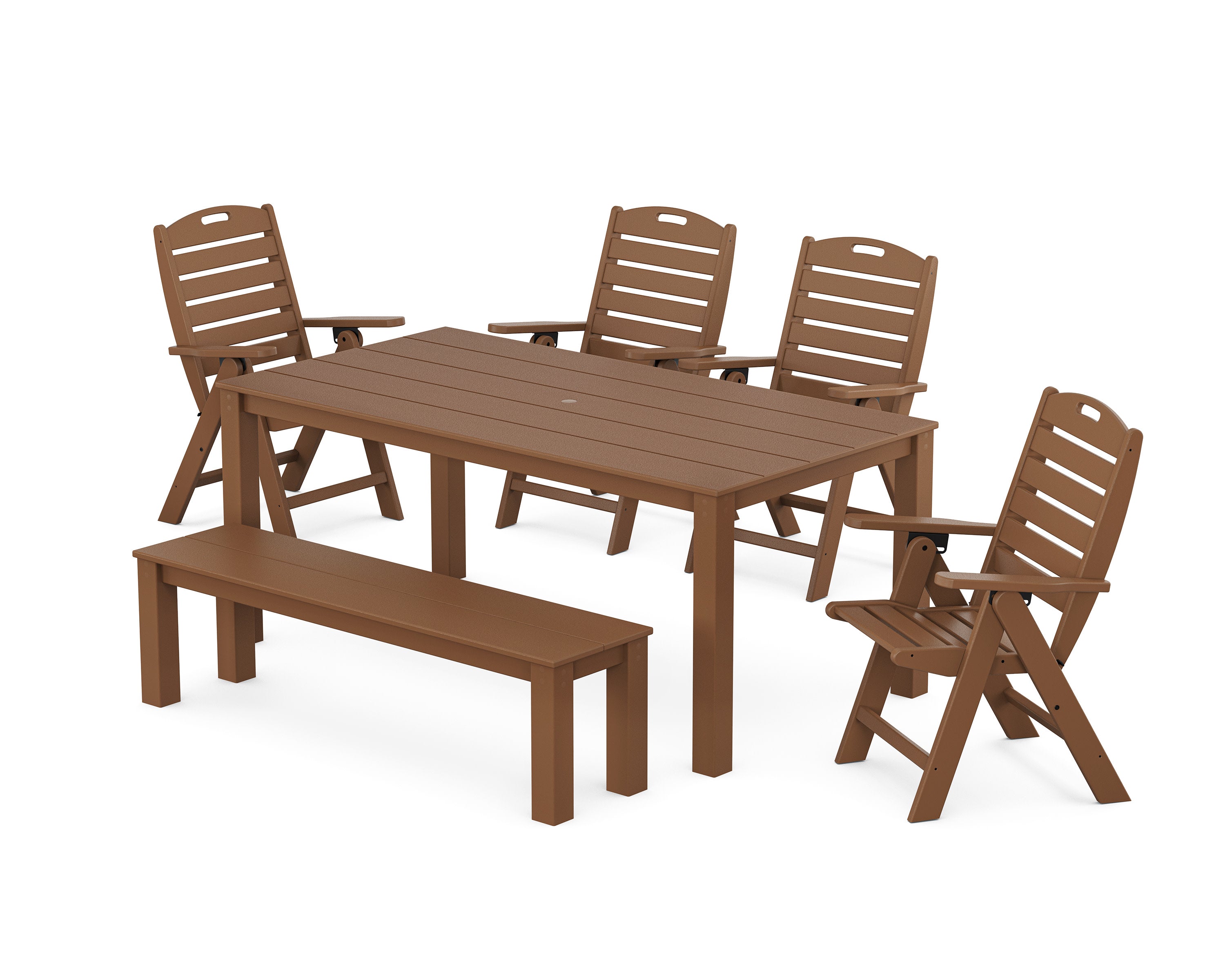 Nautical Folding Highback Chair 6-Piece Parsons Dining Set with Bench in Teak