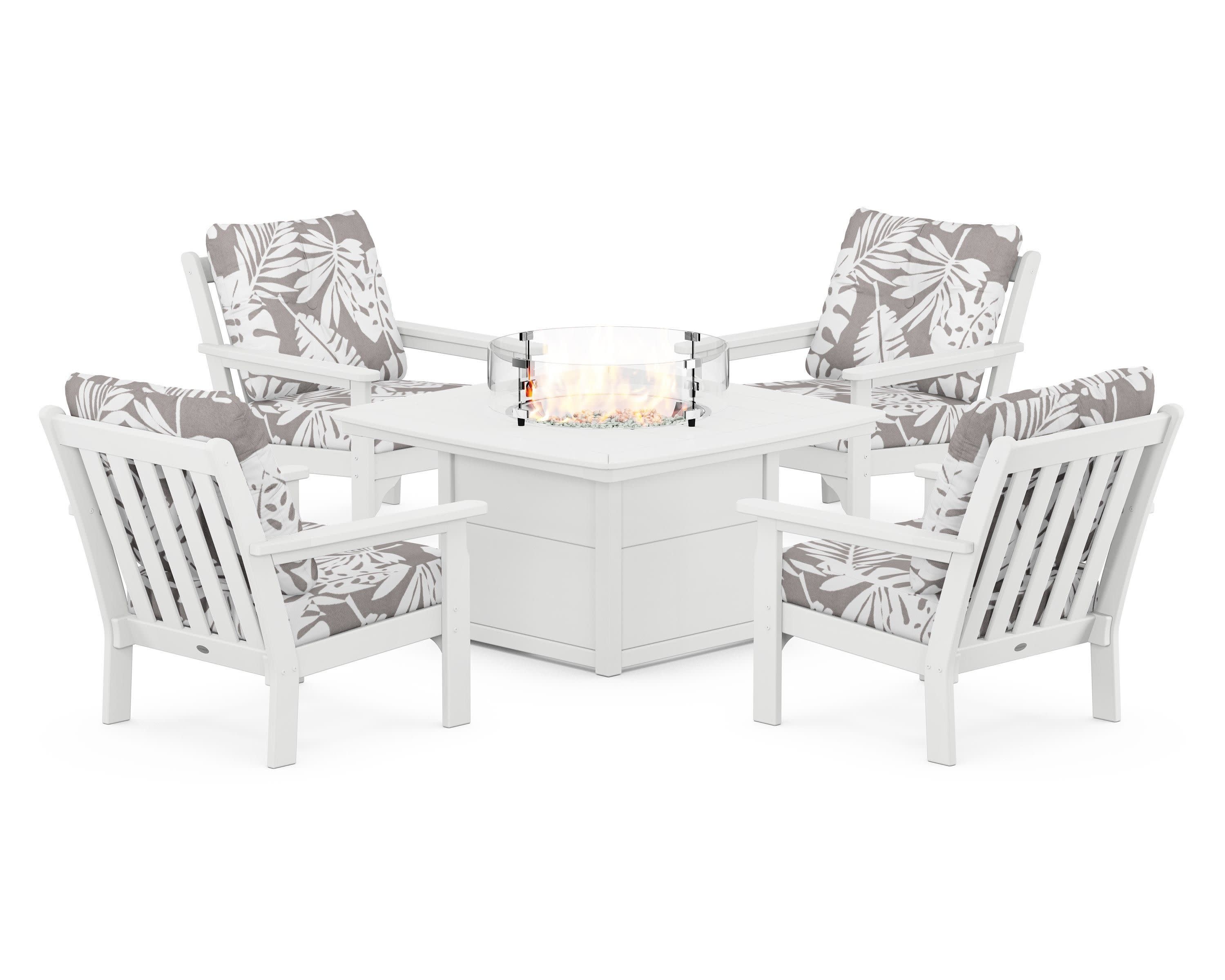 Vineyard 5-Piece Conversation Set with Fire Pit Table in White / Leaf Grey Mist
