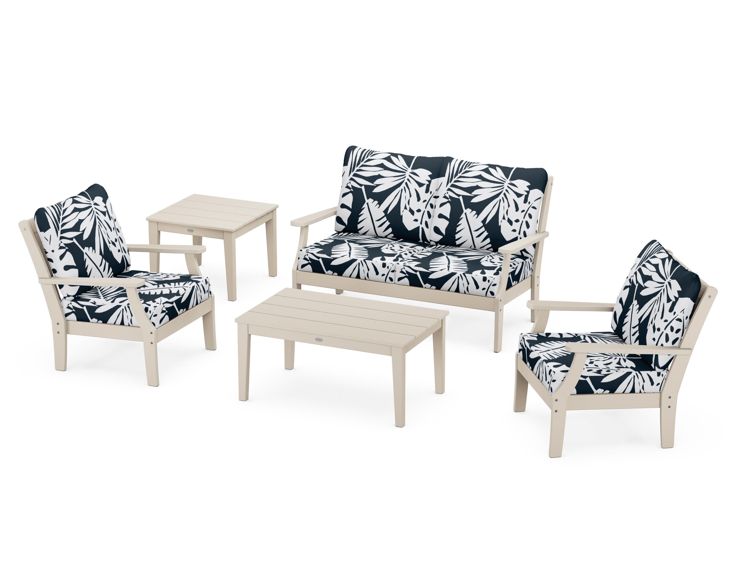 Braxton 5-Piece Deep Seating Set in Sand / Leaf Marine Indigo
