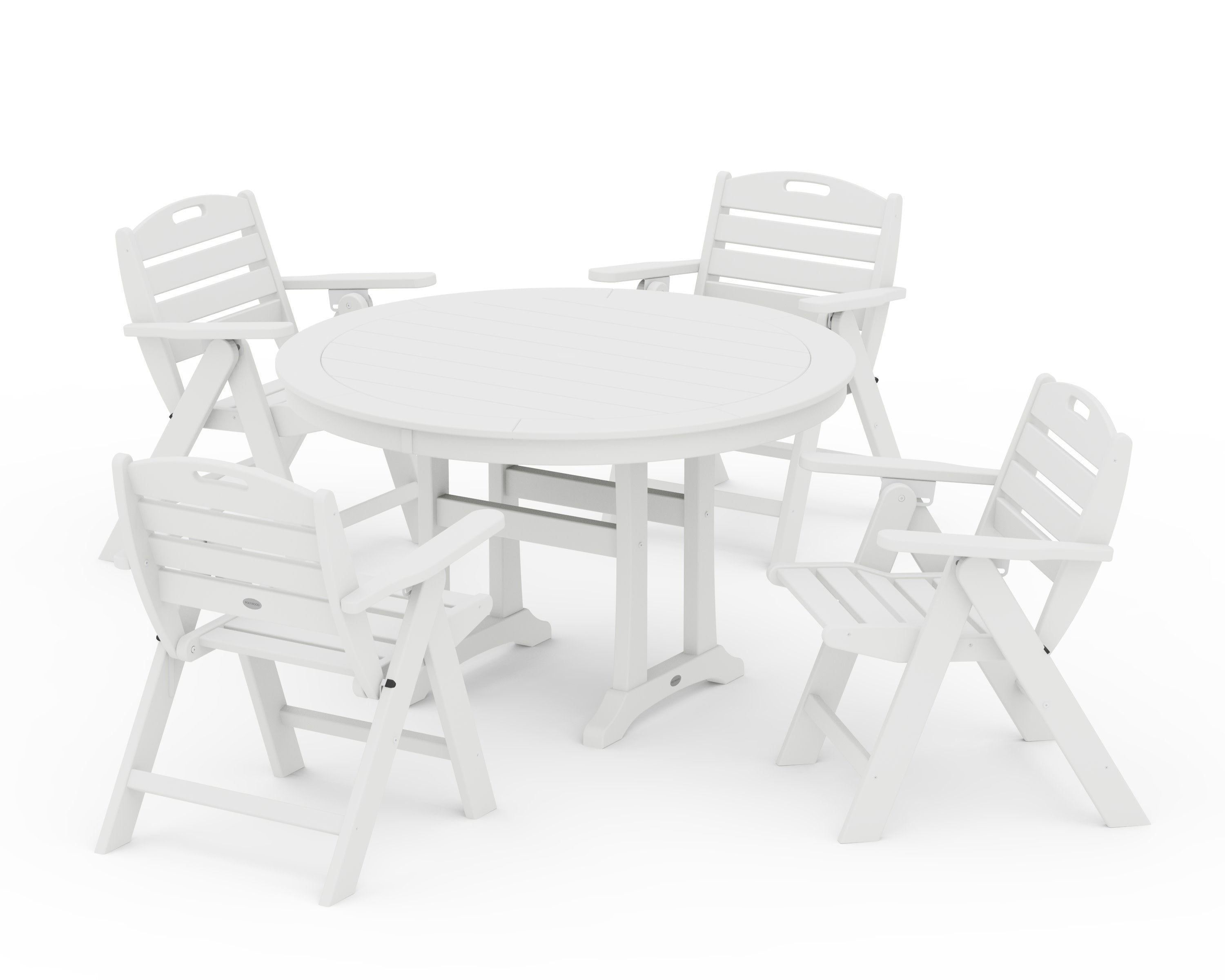 Nautical Folding Lowback Chair 5-Piece Round Dining Set With Trestle Legs in White