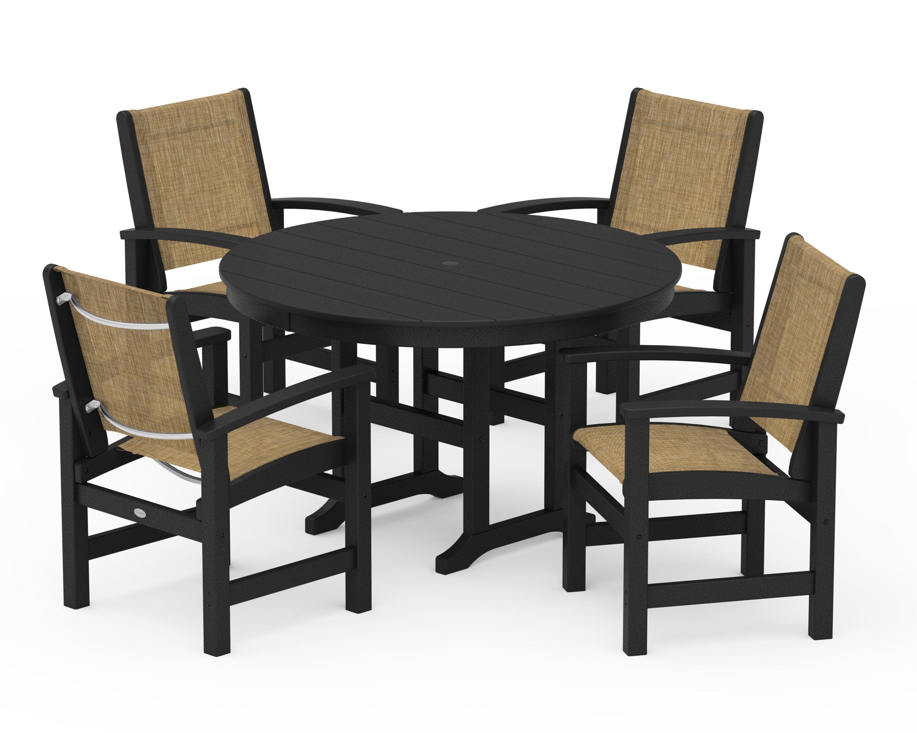Coastal 5-Piece Round Farmhouse Dining Set in Black / Burlap Sling
