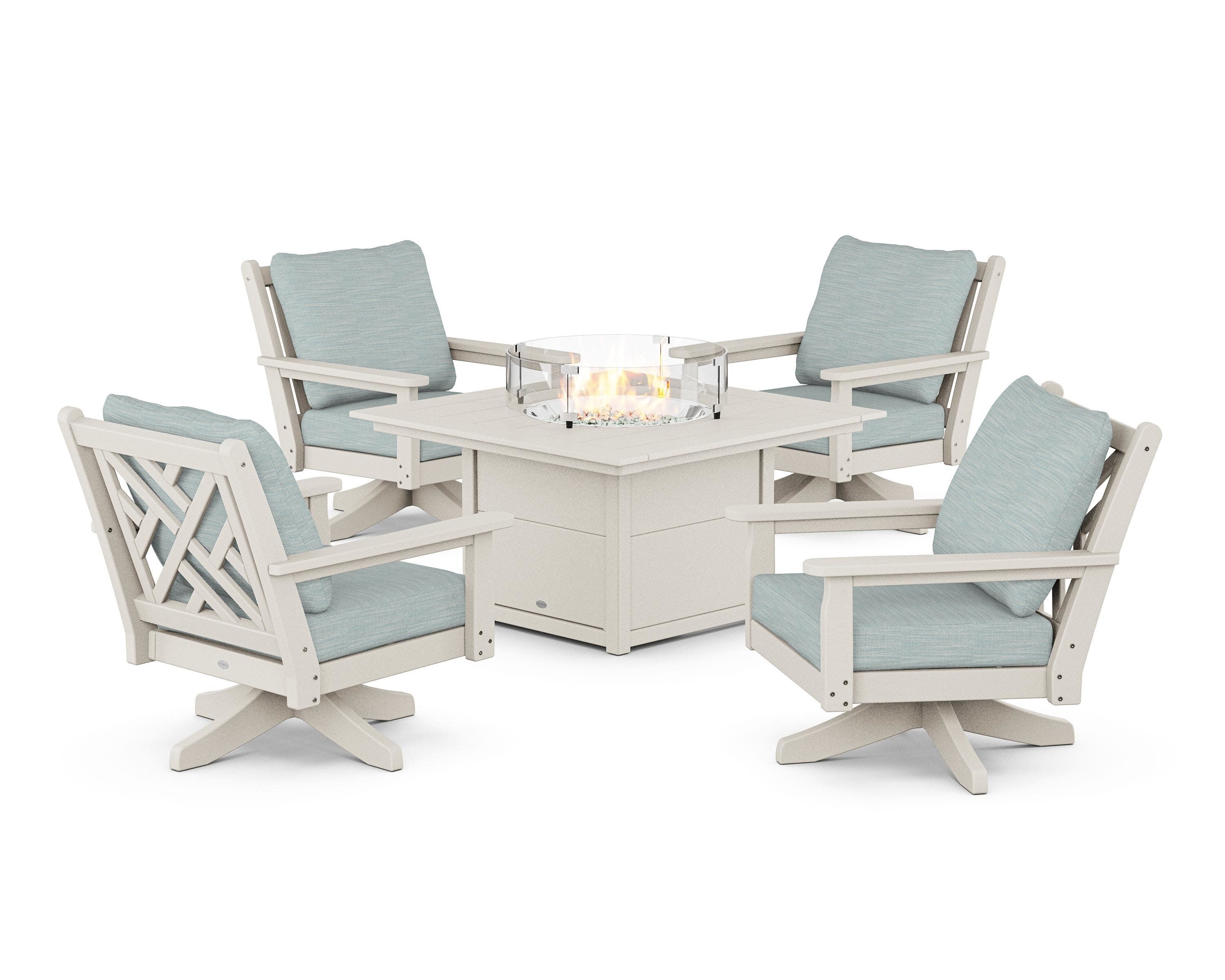 Chippendale 5-Piece Deep Seating Swivel Conversation Set with Fire Pit Table in Sand / Soothe Mist