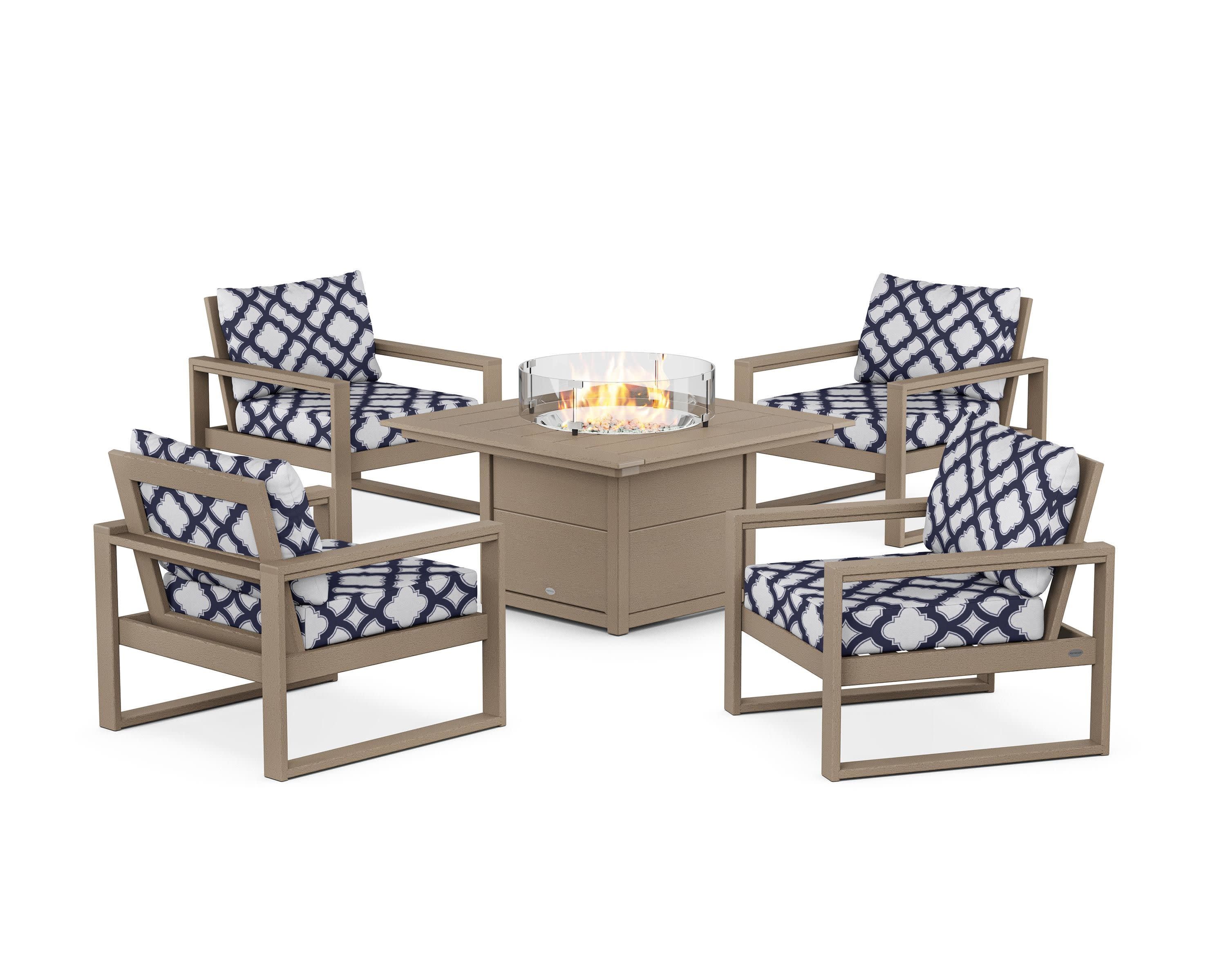 EDGE Sectional 5-Piece Deep Seating Set with Fire Pit Table in Vintage Sahara / Trellis Navy