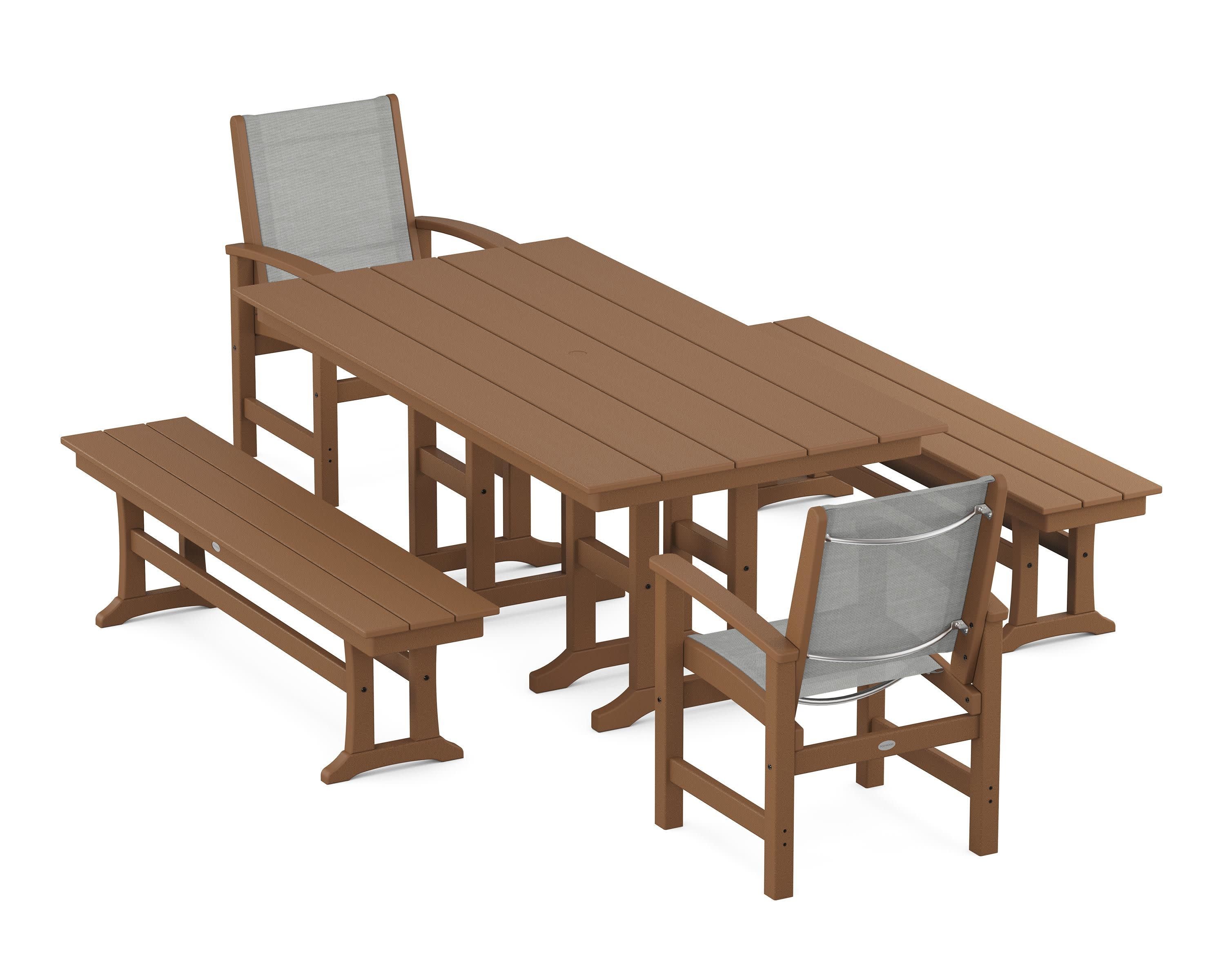Coastal 5-Piece Farmhouse Dining Set in Teak / Metallic Sling
