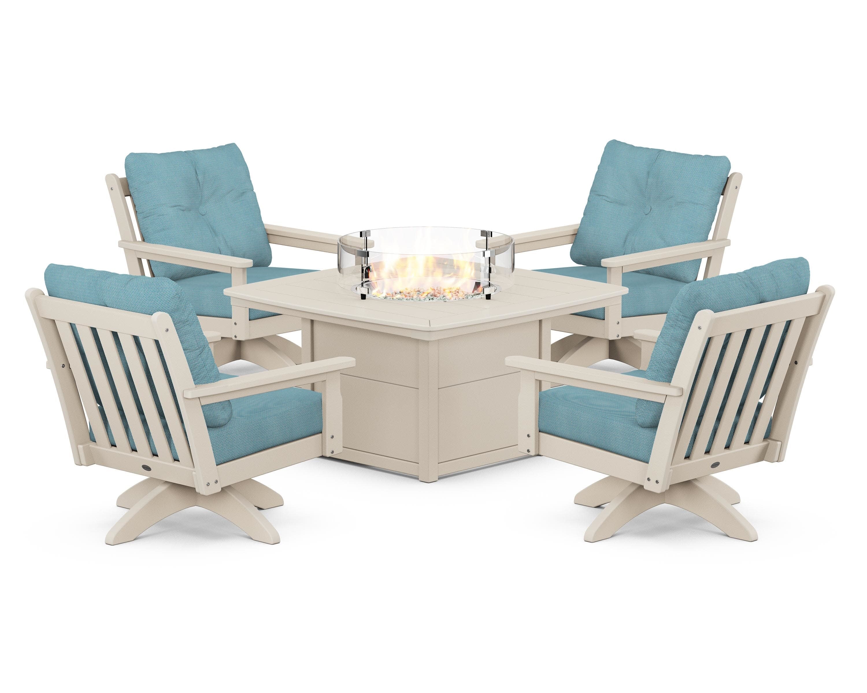 Vineyard 5-Piece Deep Seating Swivel Conversation Set with Fire Pit Table in Sand / Lattice Sky Blue