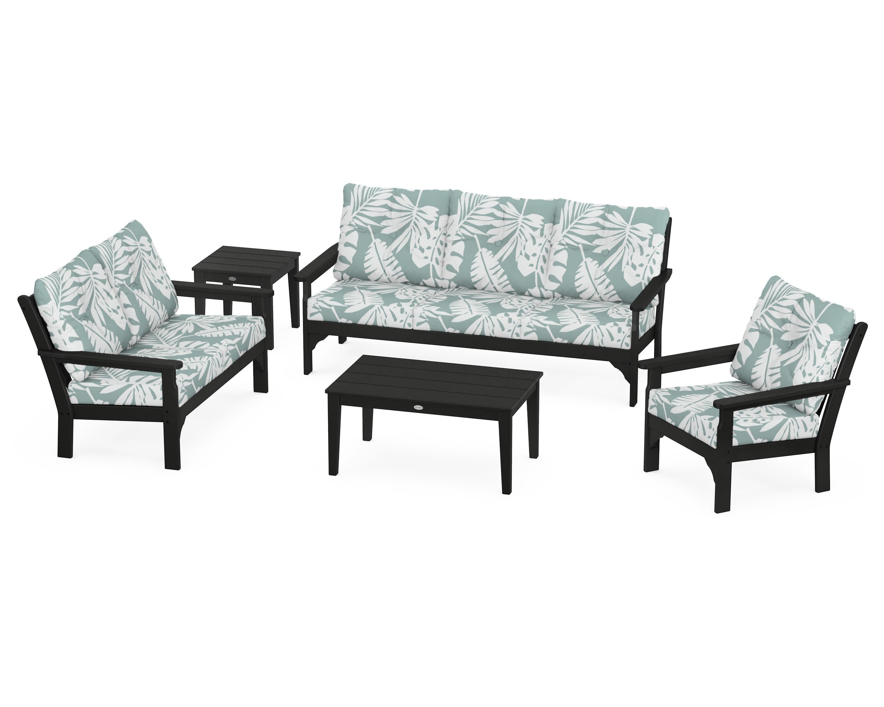 Vineyard 5 Piece Deep Seating Set in Black / Leaf Glacier Spa