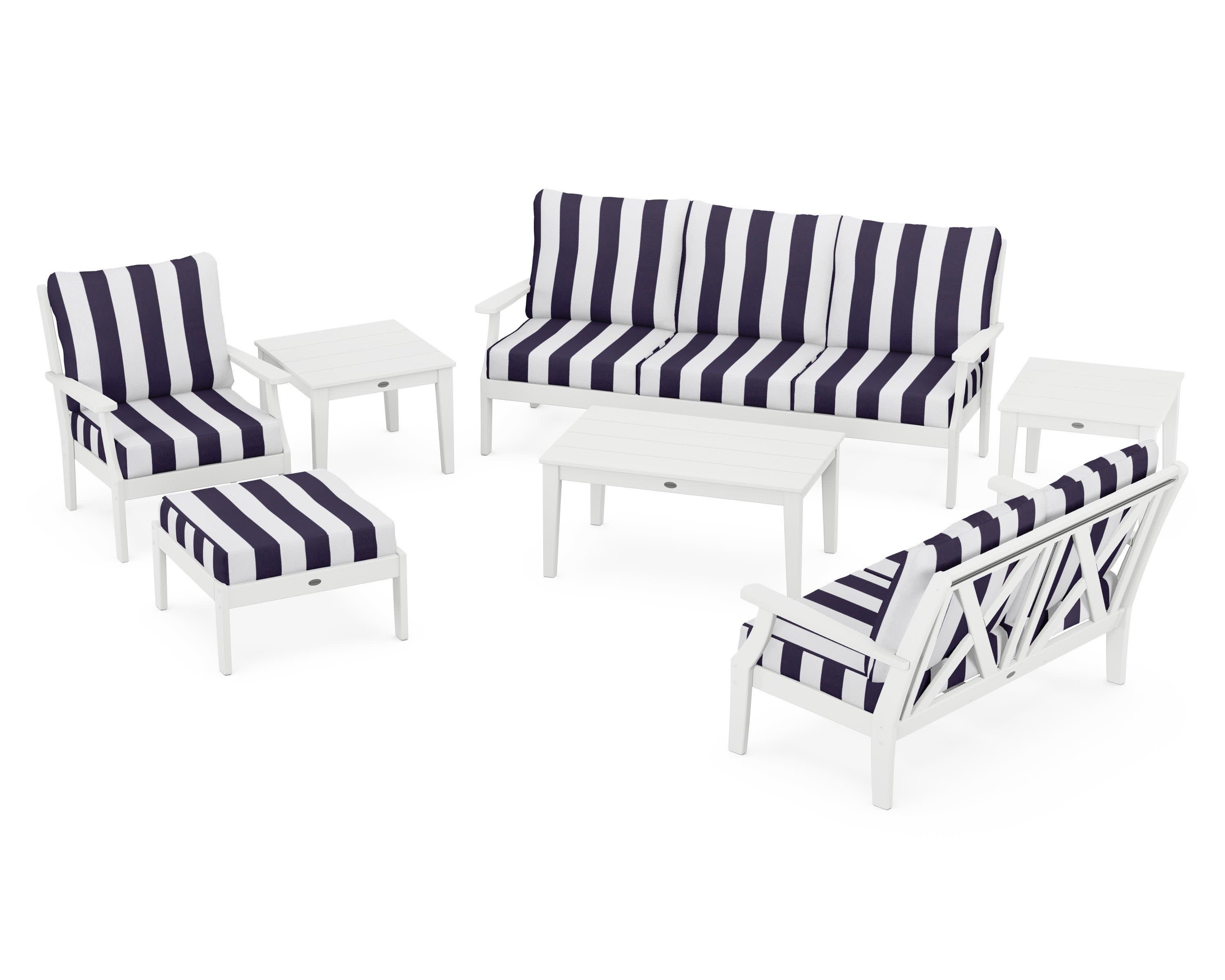 Braxton 7-Piece Deep Seating Set in White / Cabana Stripe Navy
