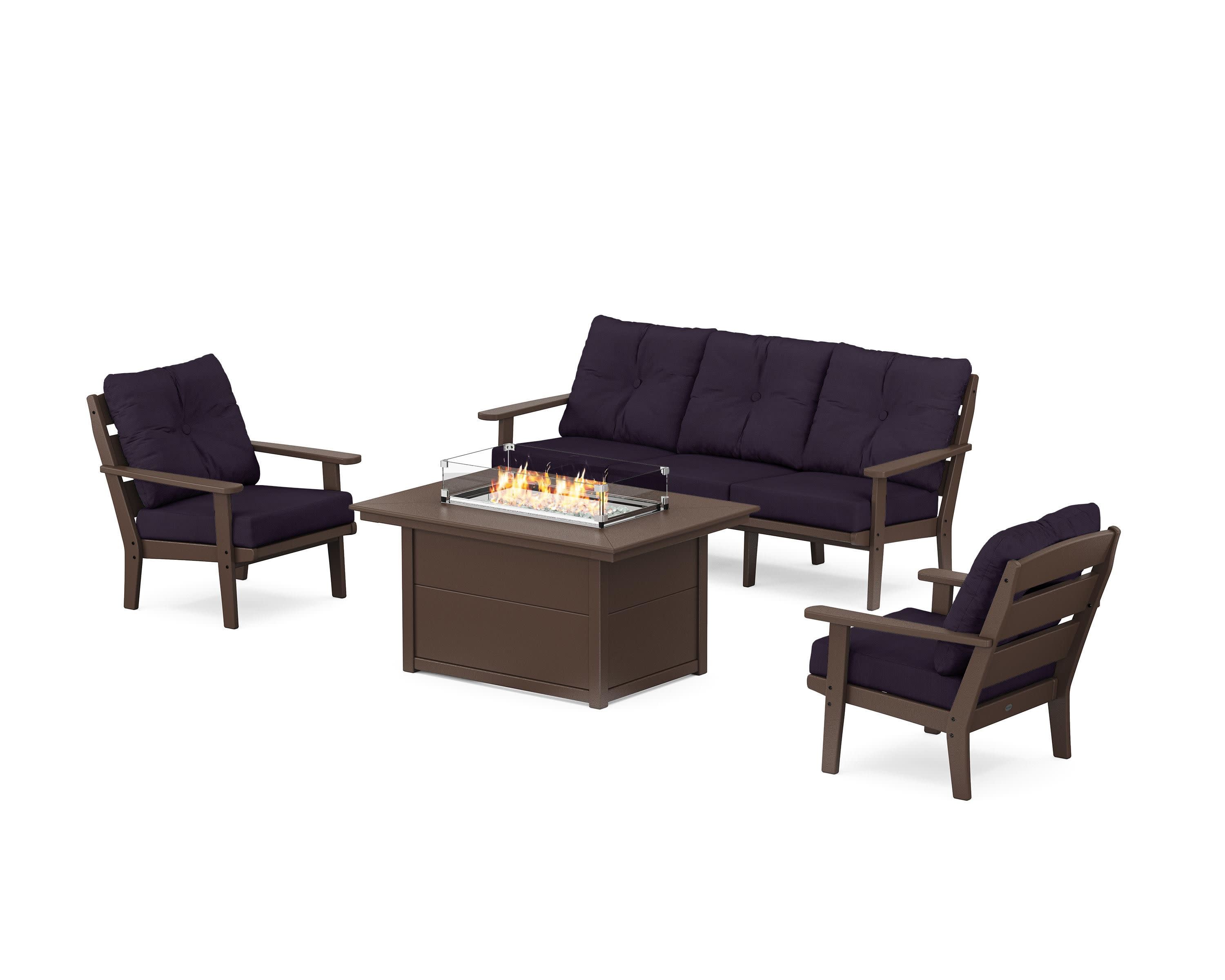 Lakeside Deep Seating Fire Pit Table Set in Mahogany / Navy Linen