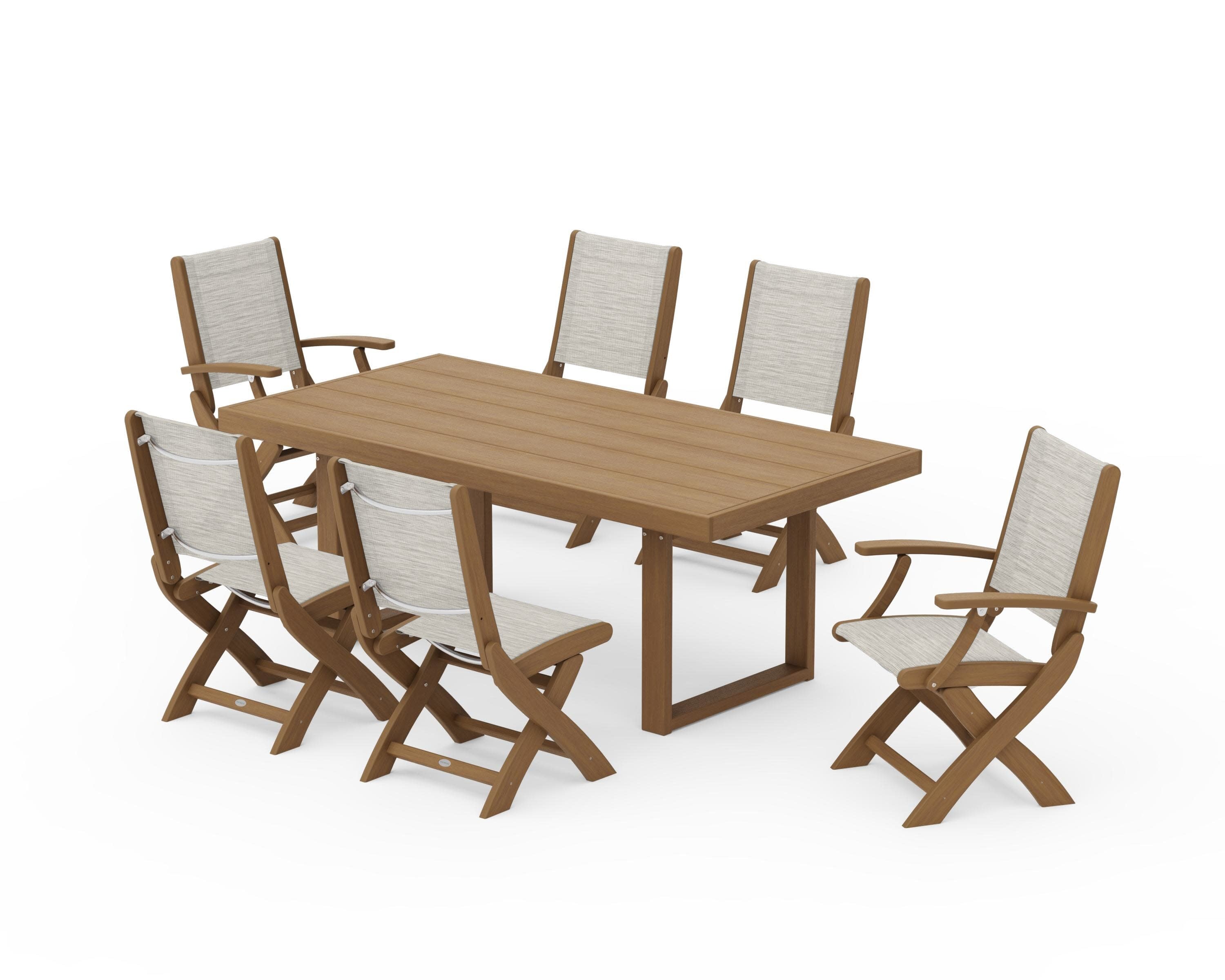 Coastal Folding Chair 7-Piece Dining Set with Trestle Legs in Natural / Birch Sling