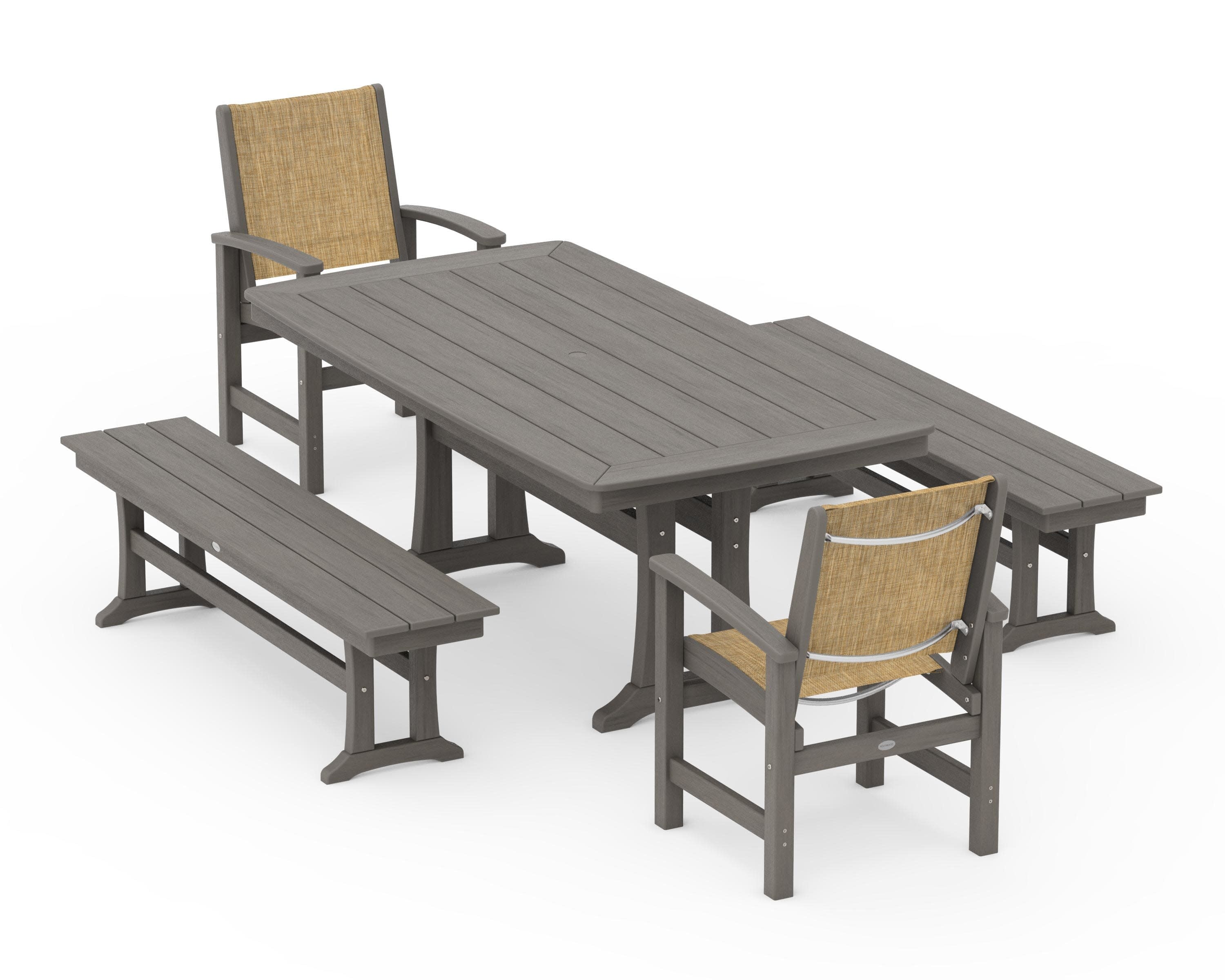 Coastal 5-Piece Dining Set with Trestle Legs and Benches in Driftwood / Burlap Sling
