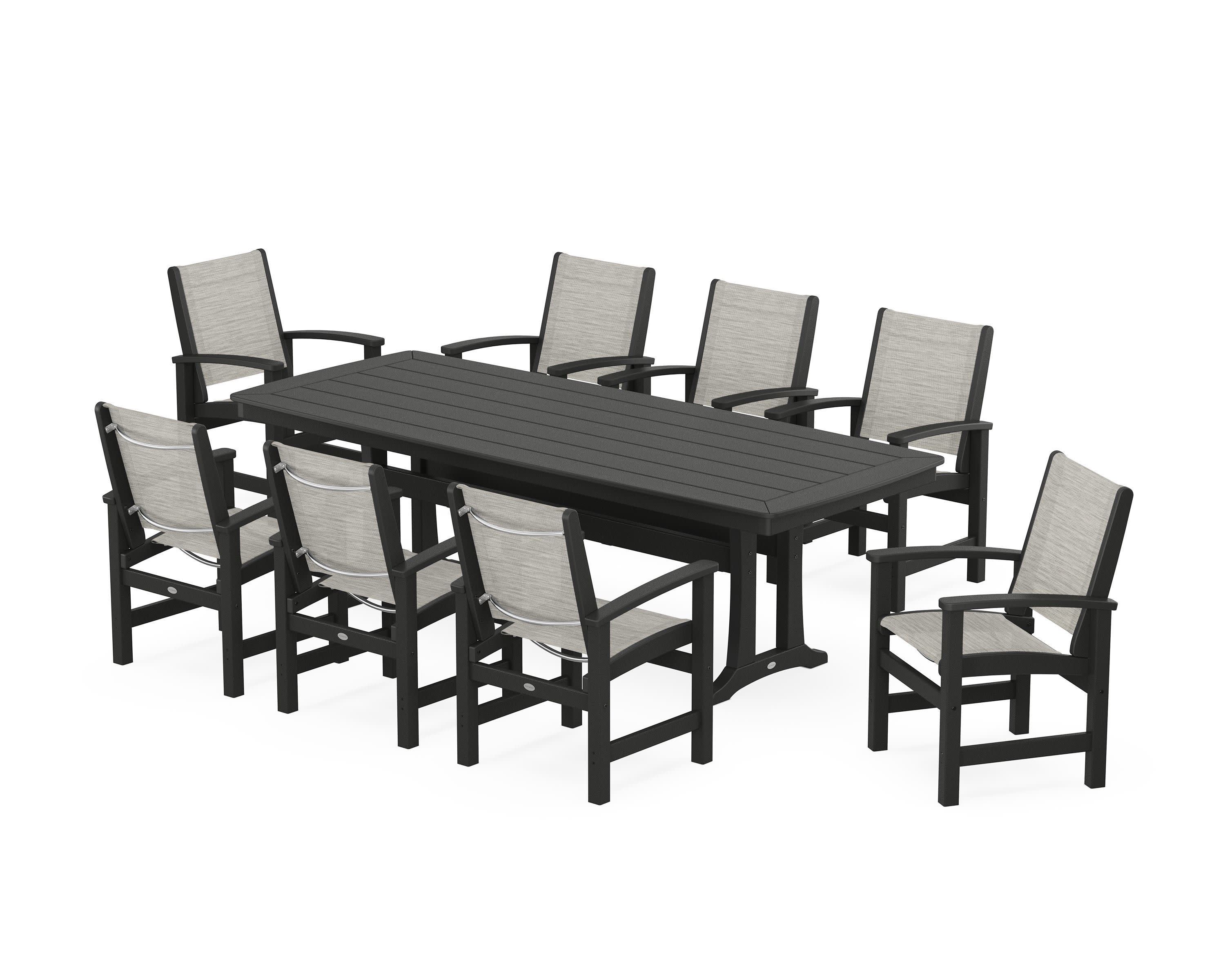 Coastal 9-Piece Dining Set with Trestle Legs in Black / Birch Sling