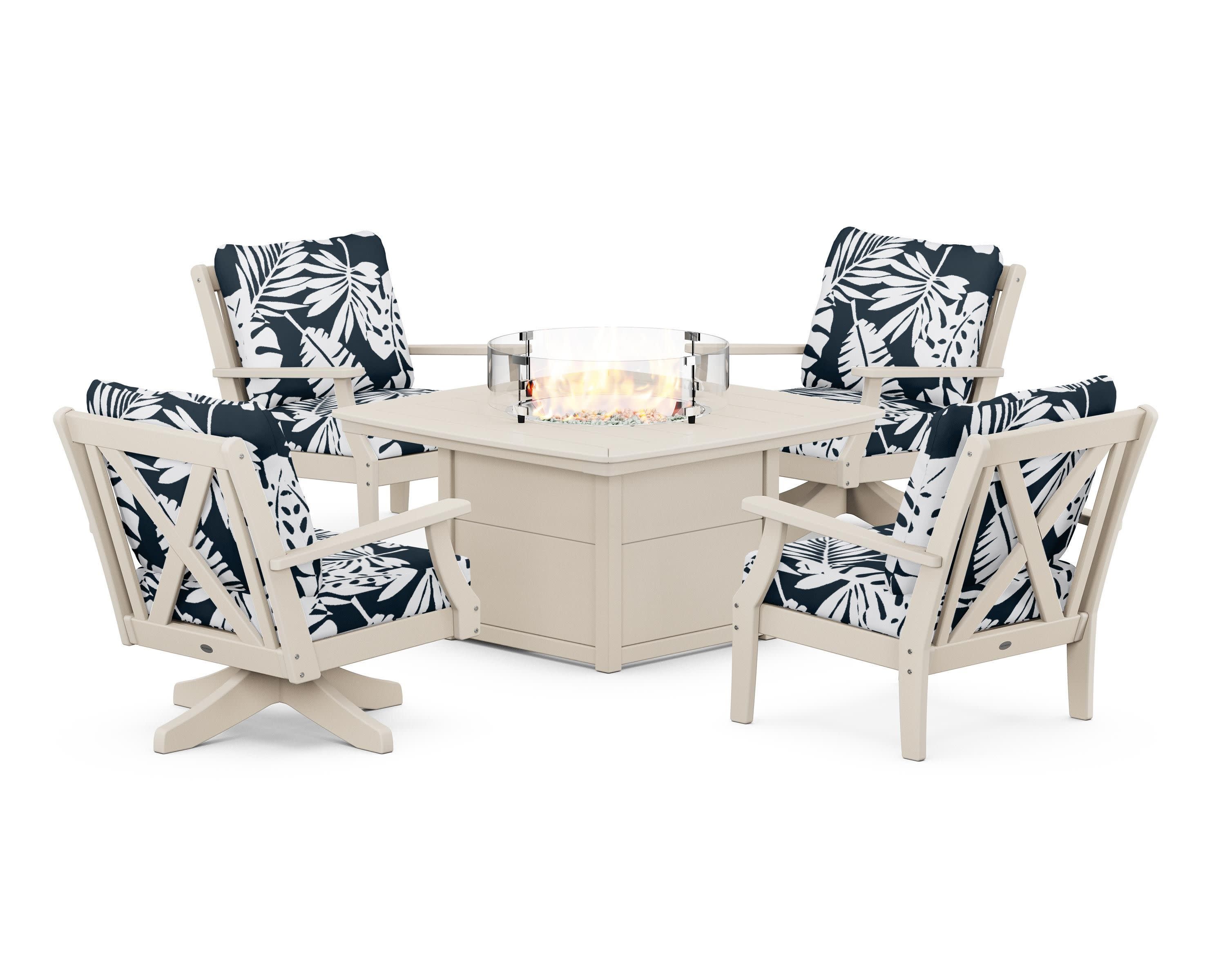 Braxton 5-Piece Deep Seating Set with Fire Table in Sand / Leaf Marine Indigo