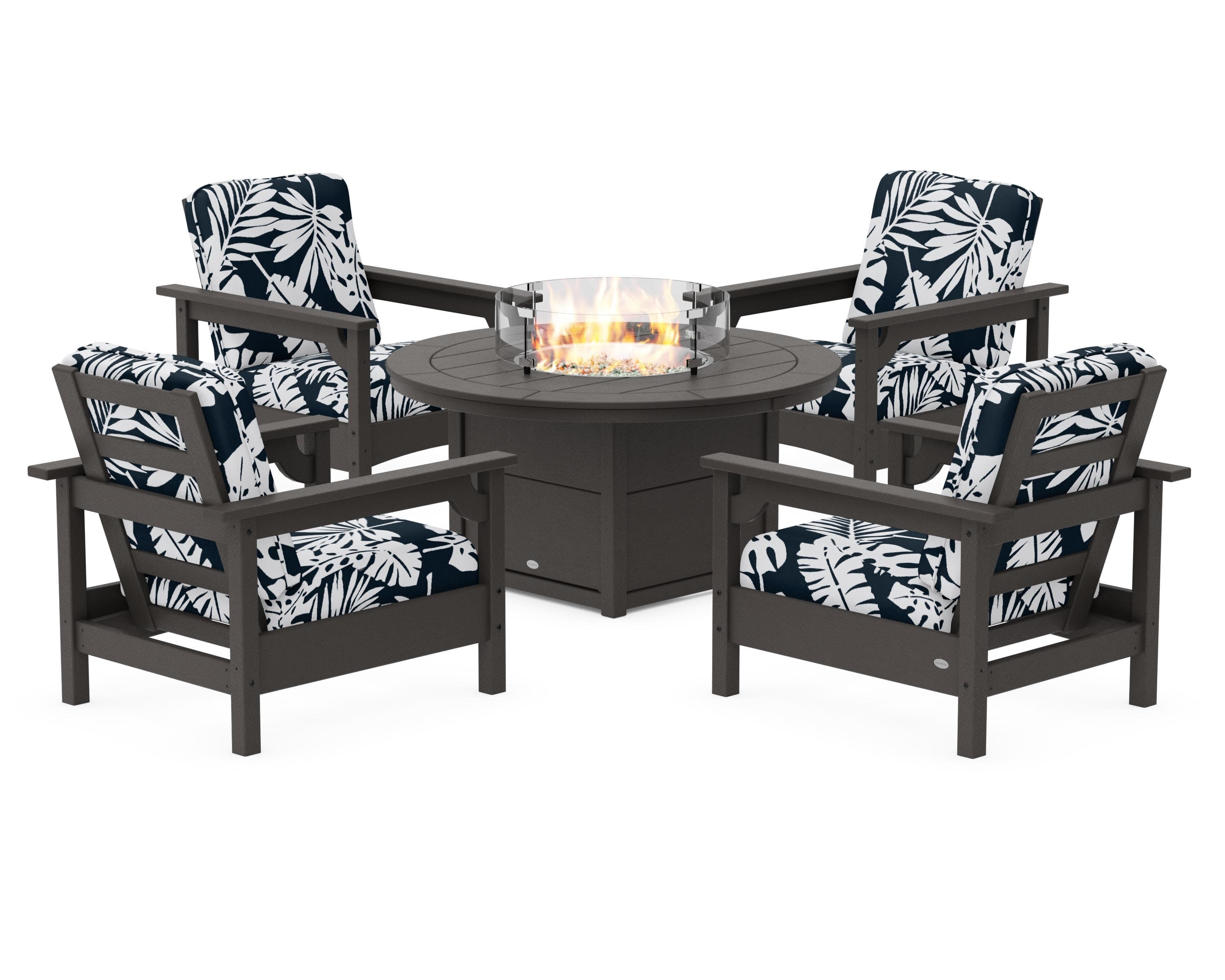 Club 5-Piece Conversation Set with Fire Pit Table in Vintage Coffee / Leaf Marine Indigo