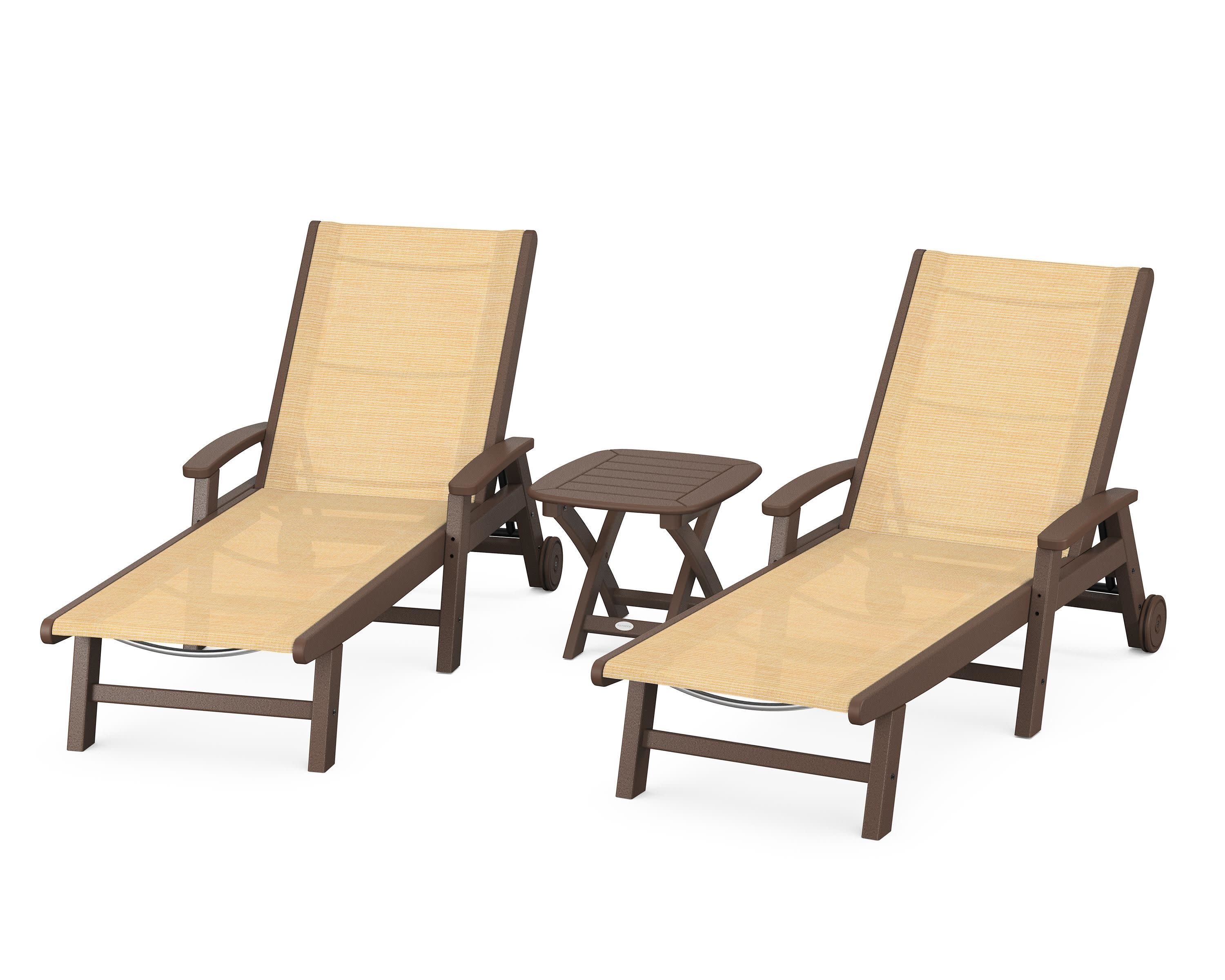 Coastal 3-Piece Wheeled Chaise Set in Mahogany / Dupioni Apricot Sling