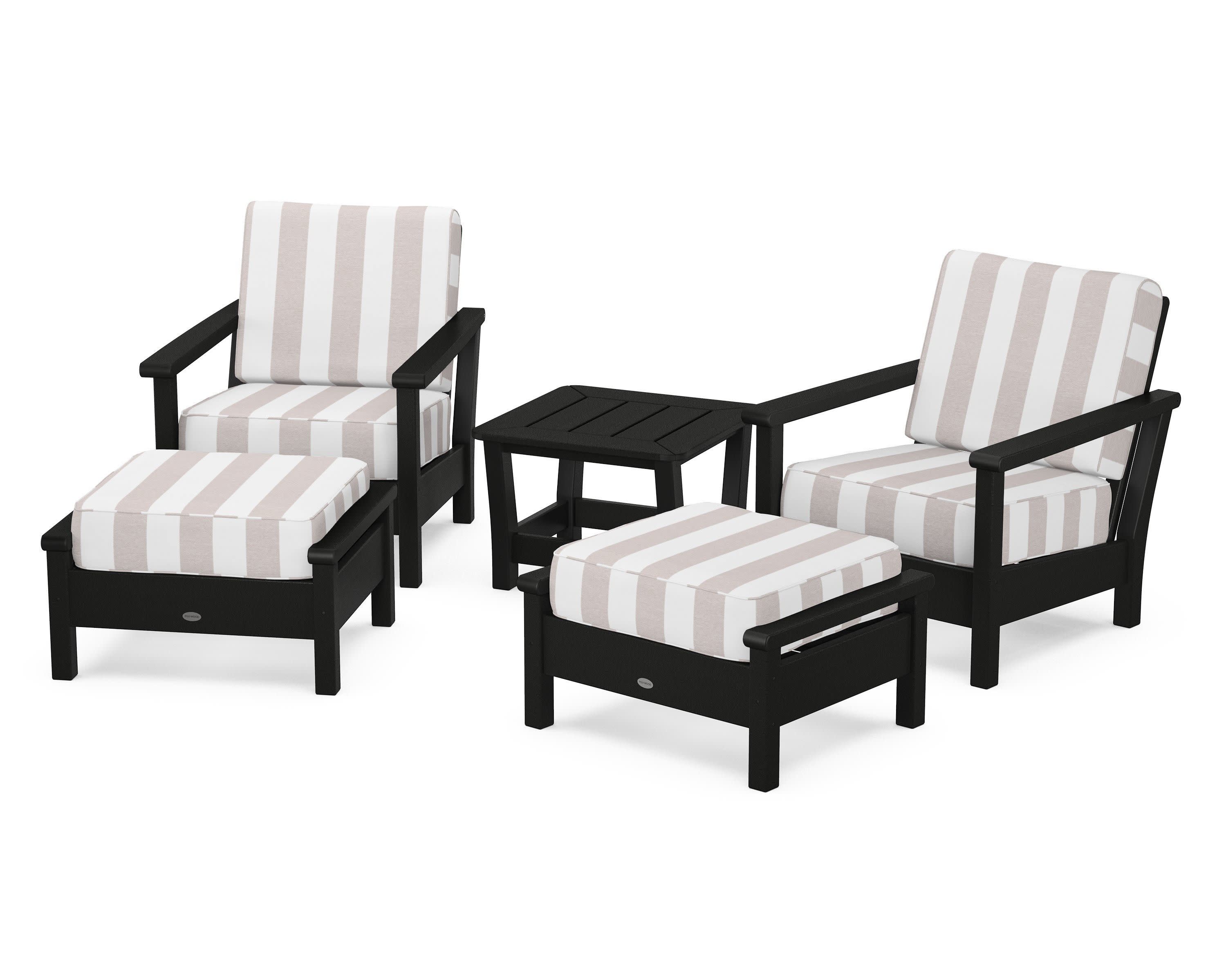 Harbour 5-Piece Deep Seating Chair Set in Black / Cabana Stripe Dune Burlap