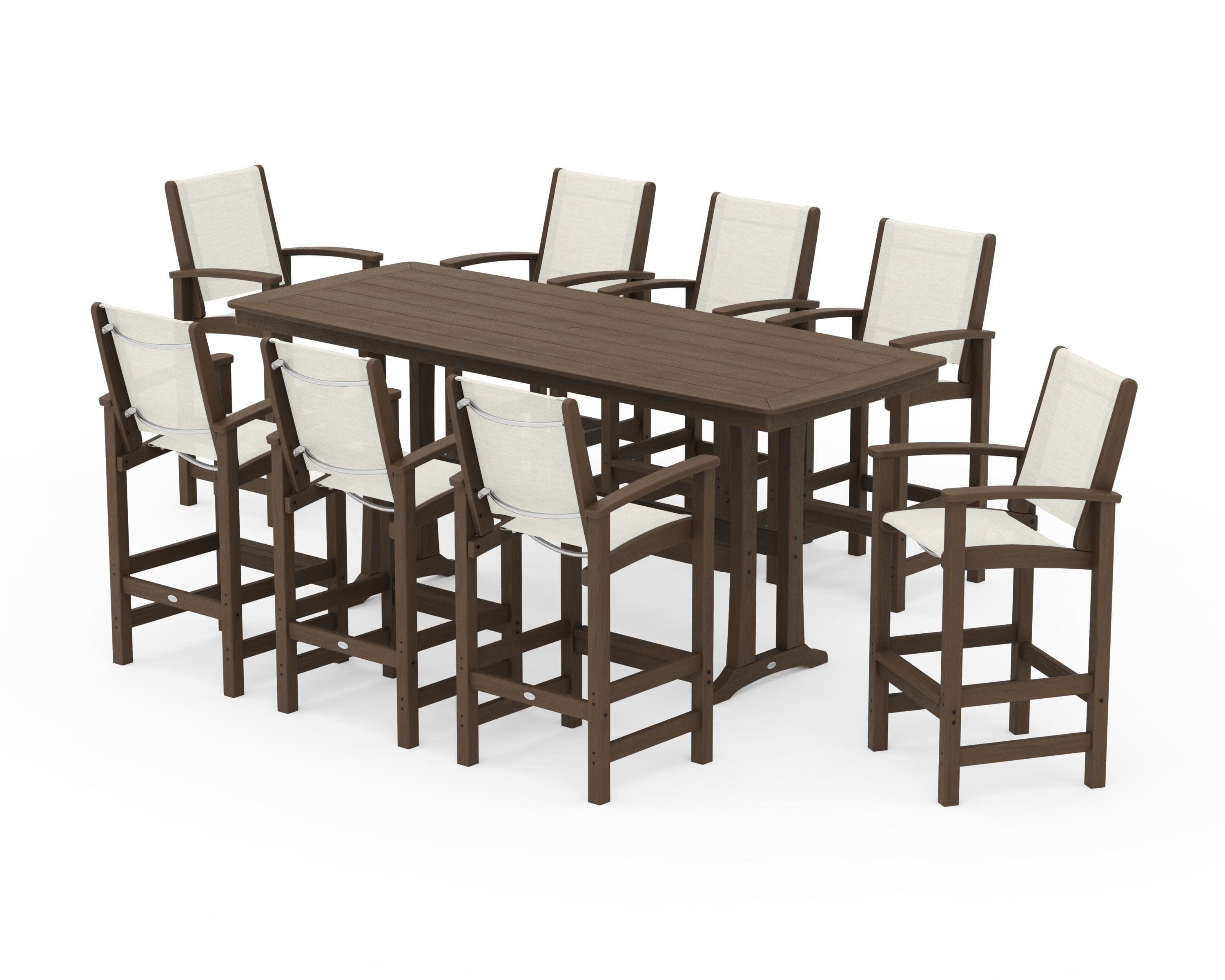 Coastal 9-Piece Bar Set with Trestle Legs in Kona / Parchment Sling