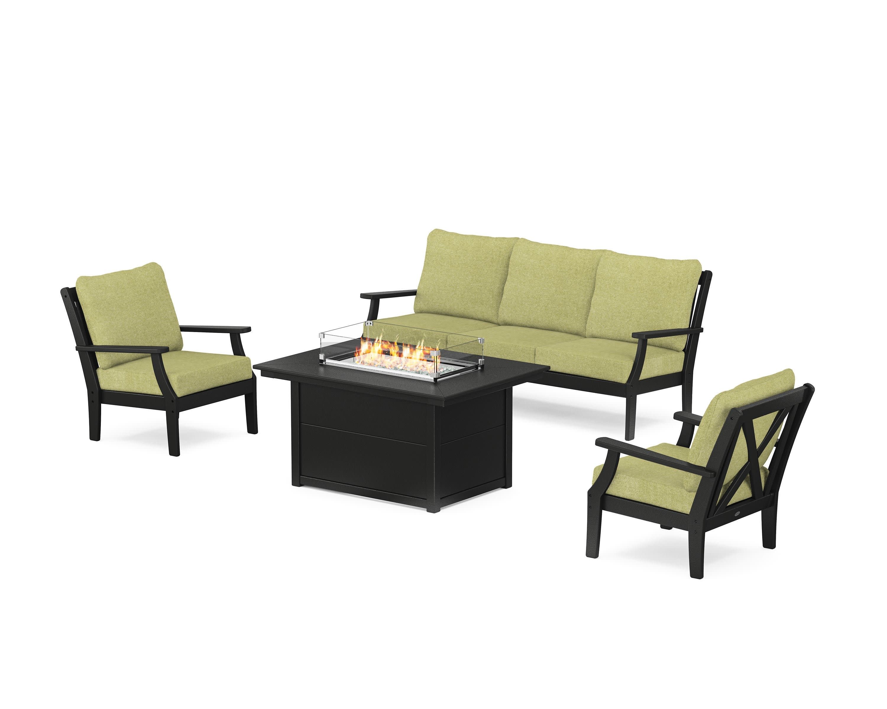 Braxton Deep Seating Fire Pit Table Set in Black / Chartreuse Boucle