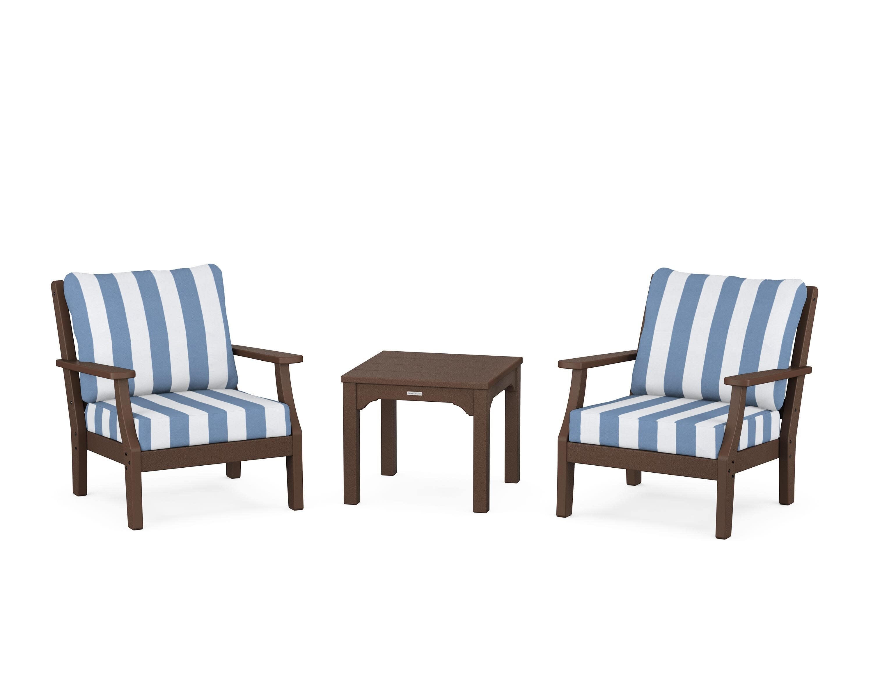 Chinoiserie 3-Piece Deep Seating Set in Mahogany / Cabana Stripe Sky Blue