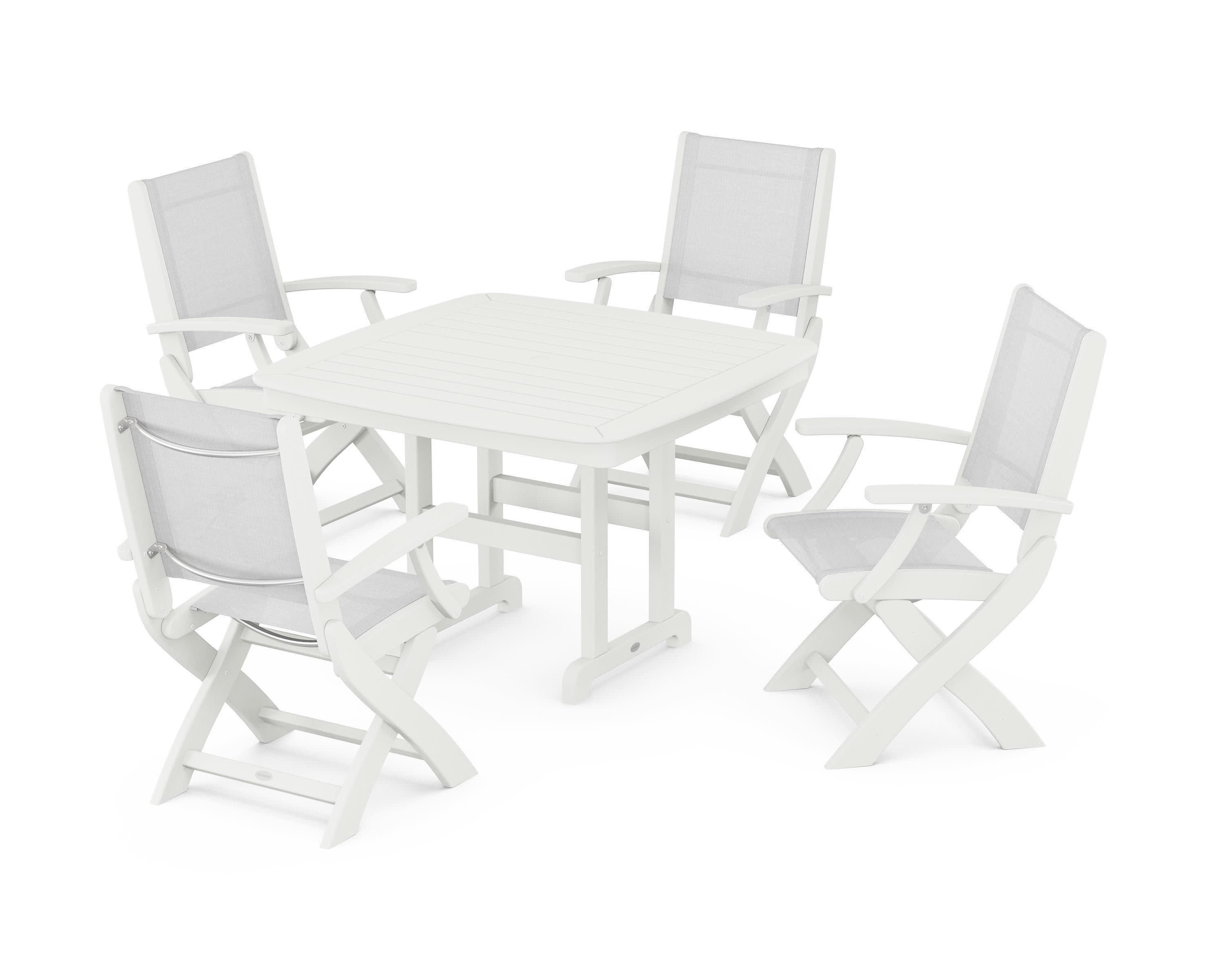 Coastal Folding Chair 5-Piece Dining Set in Vintage White / White Sling
