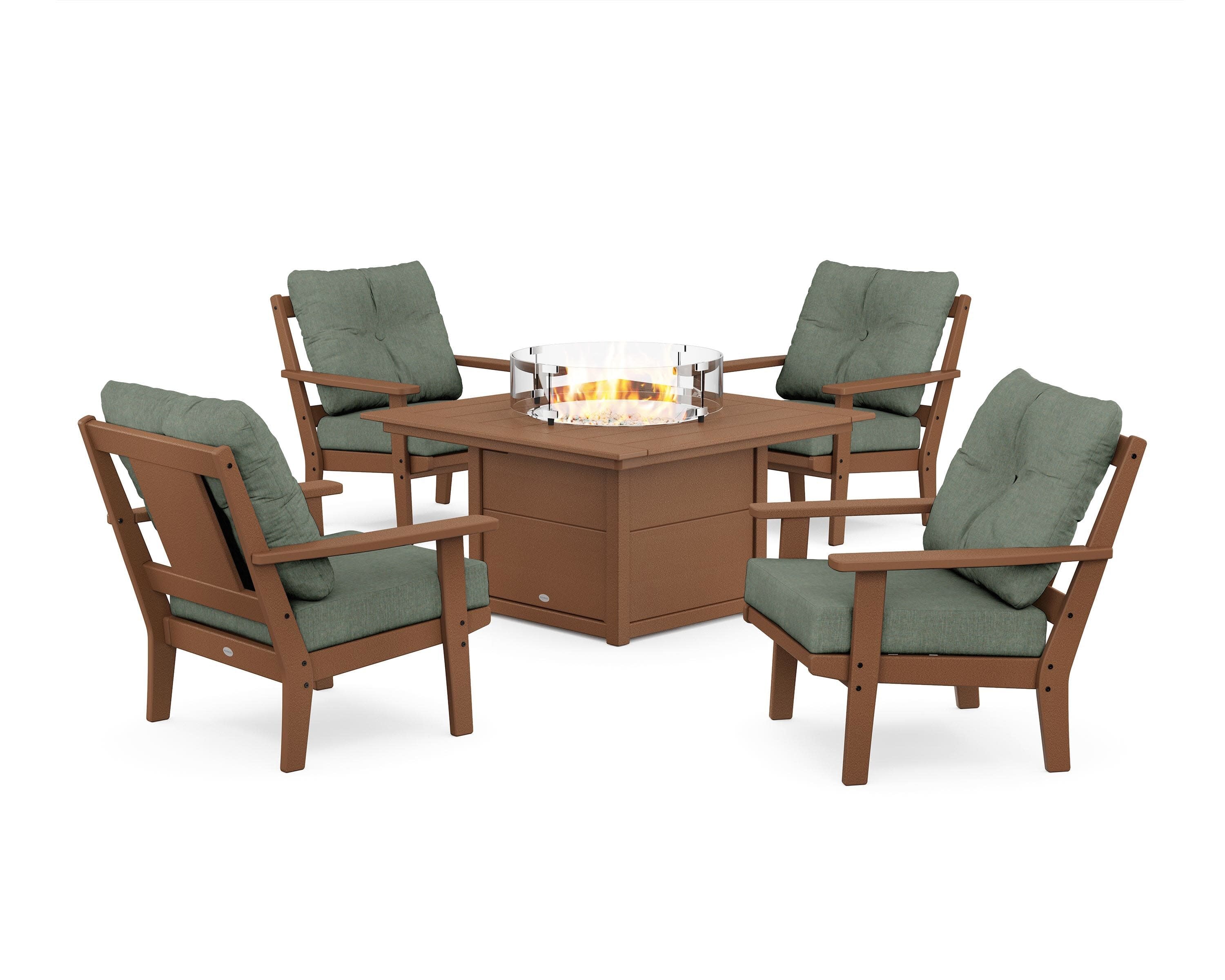 Prairie 5-Piece Deep Seating Set with Fire Pit Table in Teak / Cast Sage