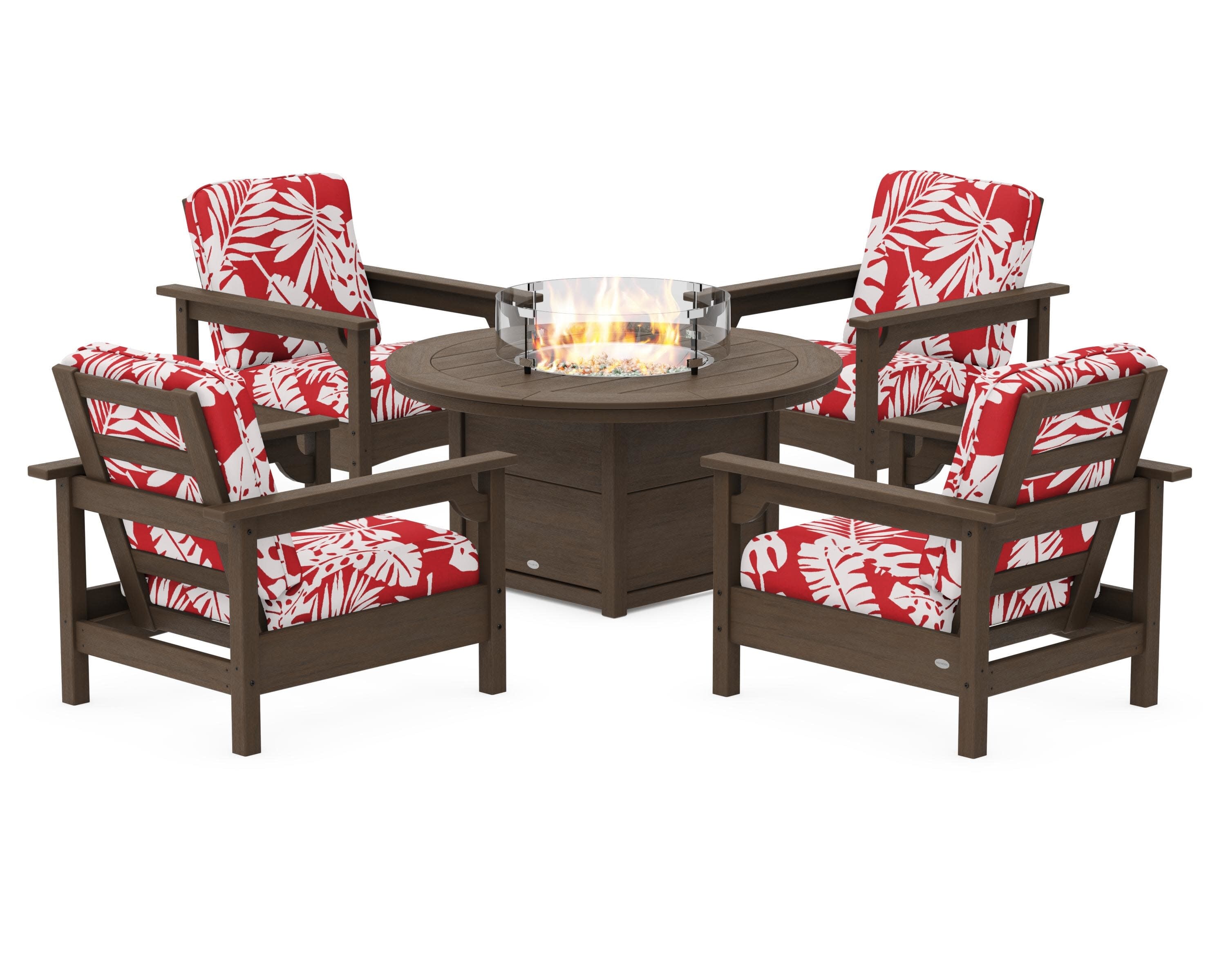 Club 5-Piece Conversation Set with Fire Pit Table in Kona / Leaf Crimson