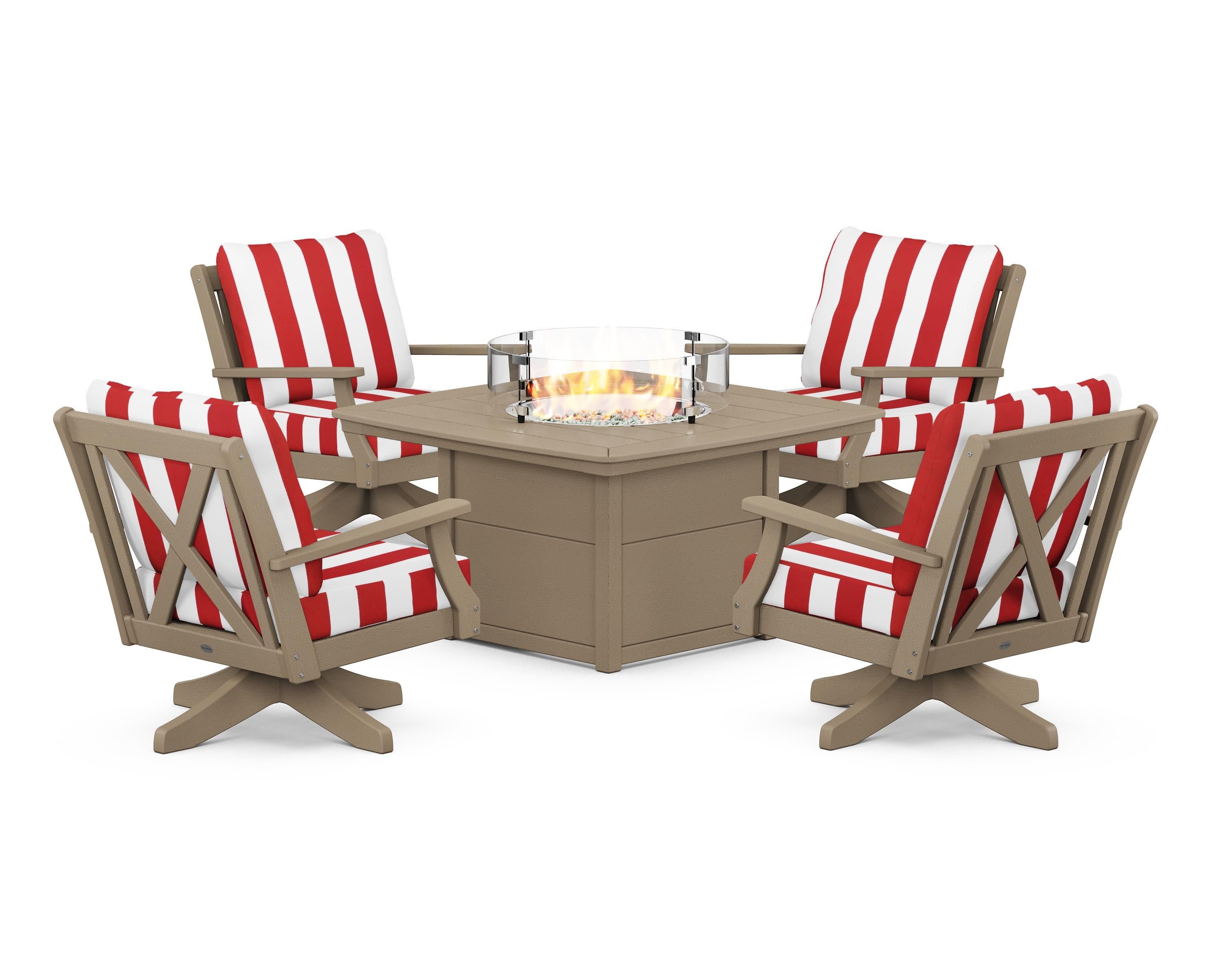 Braxton 5-Piece Deep Seating Swivel Conversation Set with Fire Pit Table in Vintage Sahara / Cabana Stripe Crimson
