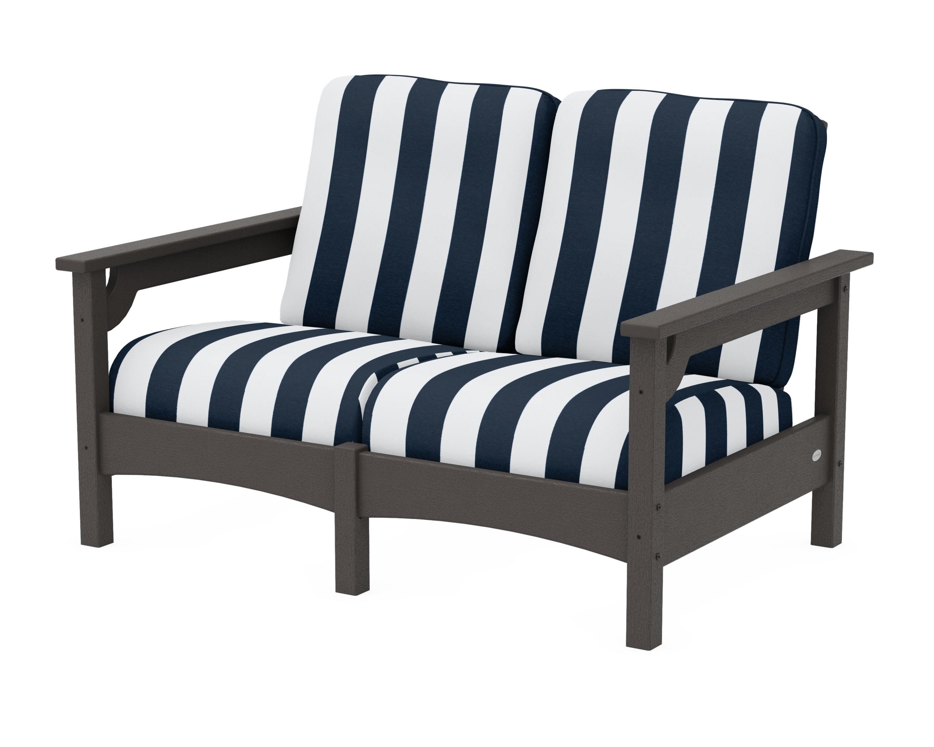 Club Loveseat in Vintage Coffee / Cabana Stripe Marine Indigo