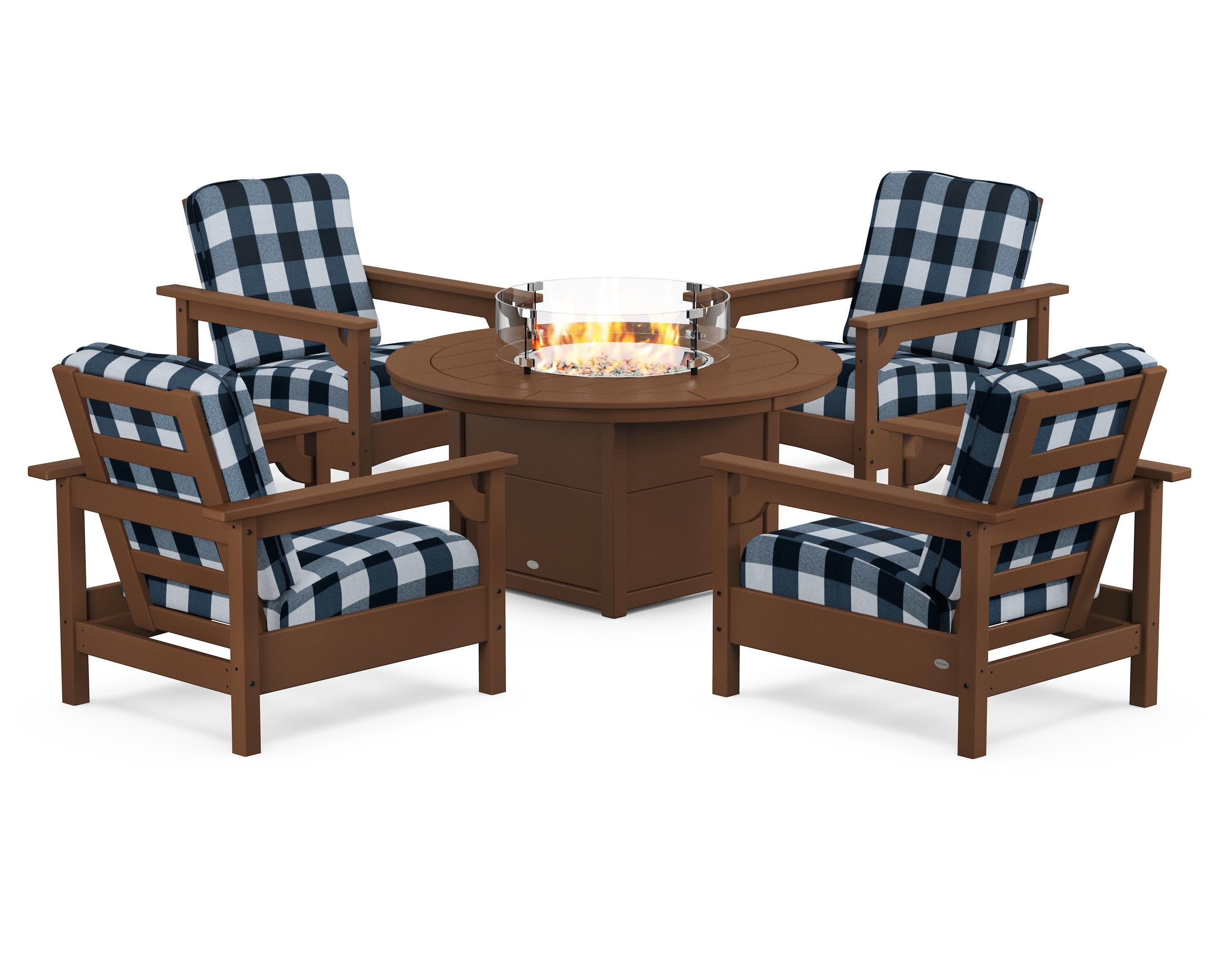 Club 5-Piece Conversation Set with Fire Pit Table in Teak / Buffalo Plaid Marine Indigo