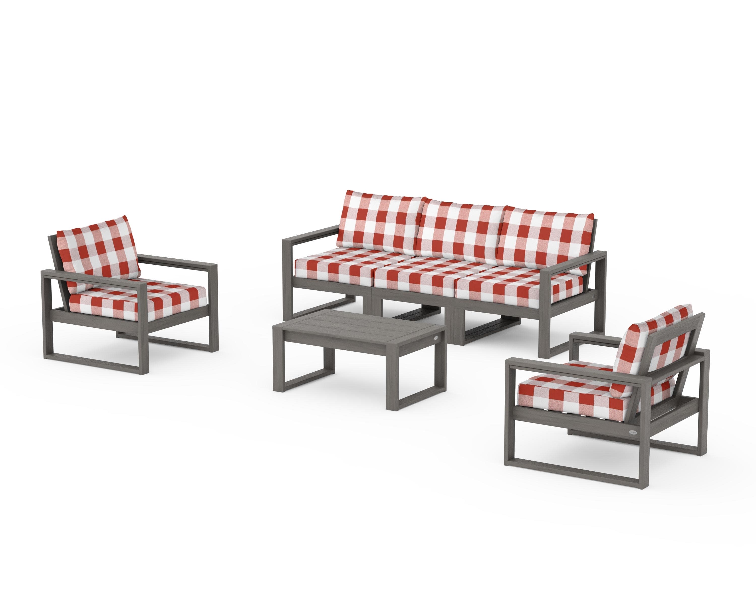 EDGE Sectional 4-Piece Deep Seating Set with Sofa in Driftwood / Buffalo Plaid Crimson